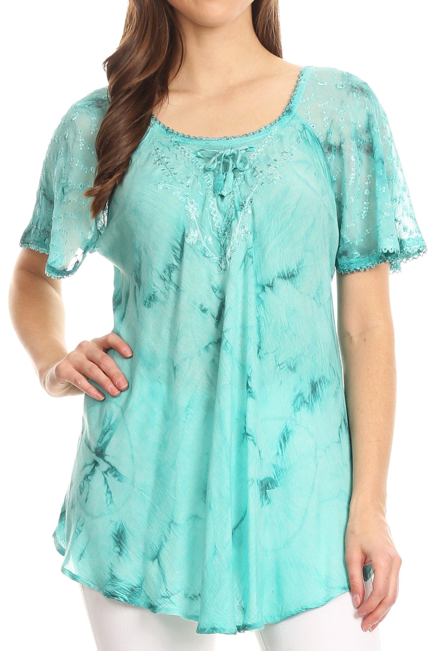 Sakkas Hana Tie Dye Relaxed Fit Embroidery Cap Sleeves Peasant Batik Blouse / Top - Concordia Style Boutique
