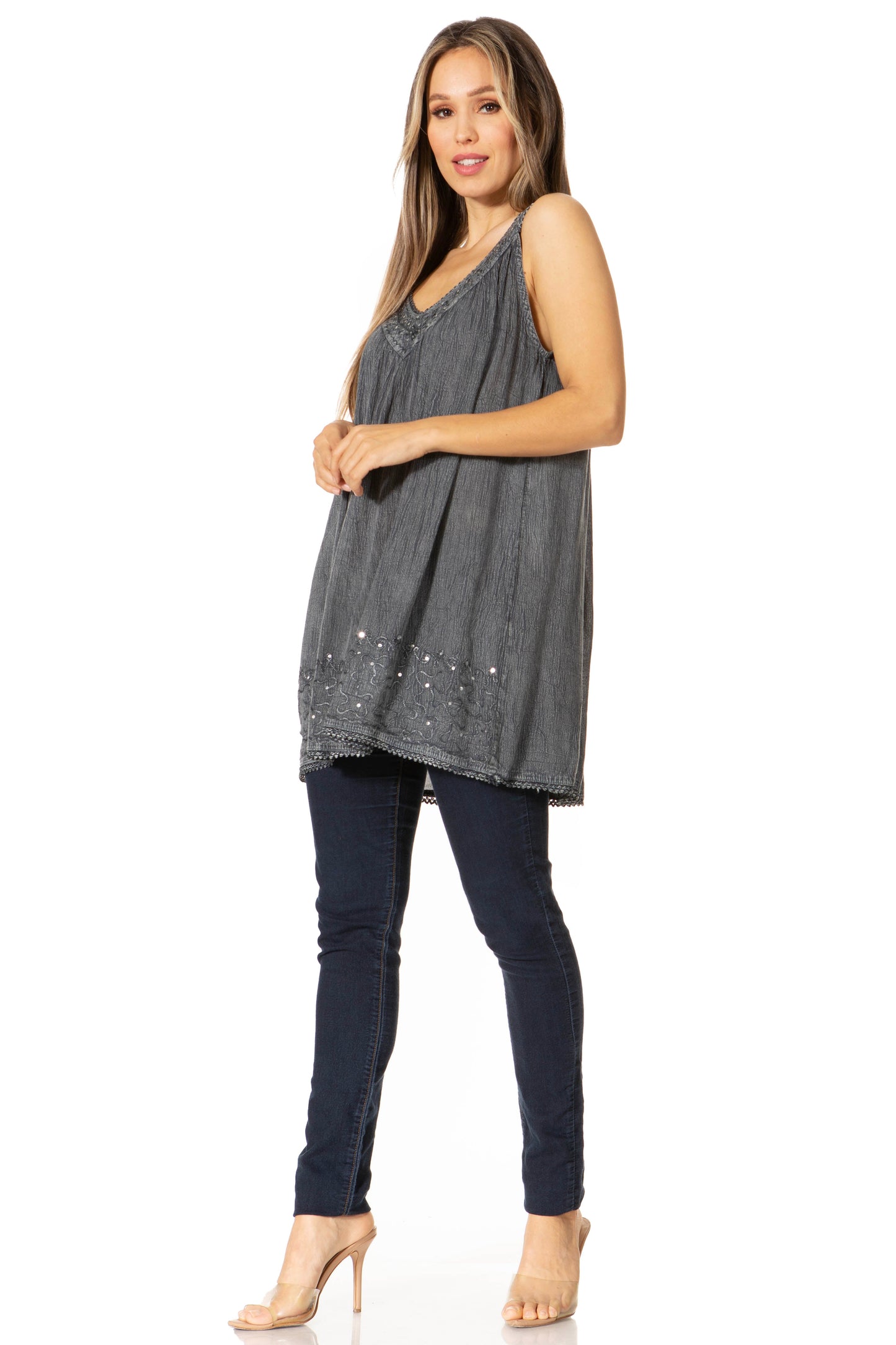 Sakkas Rita Womens Picot Trim V Neck Tank Blouse With Seqins And Embroidery - Concordia Style Boutique