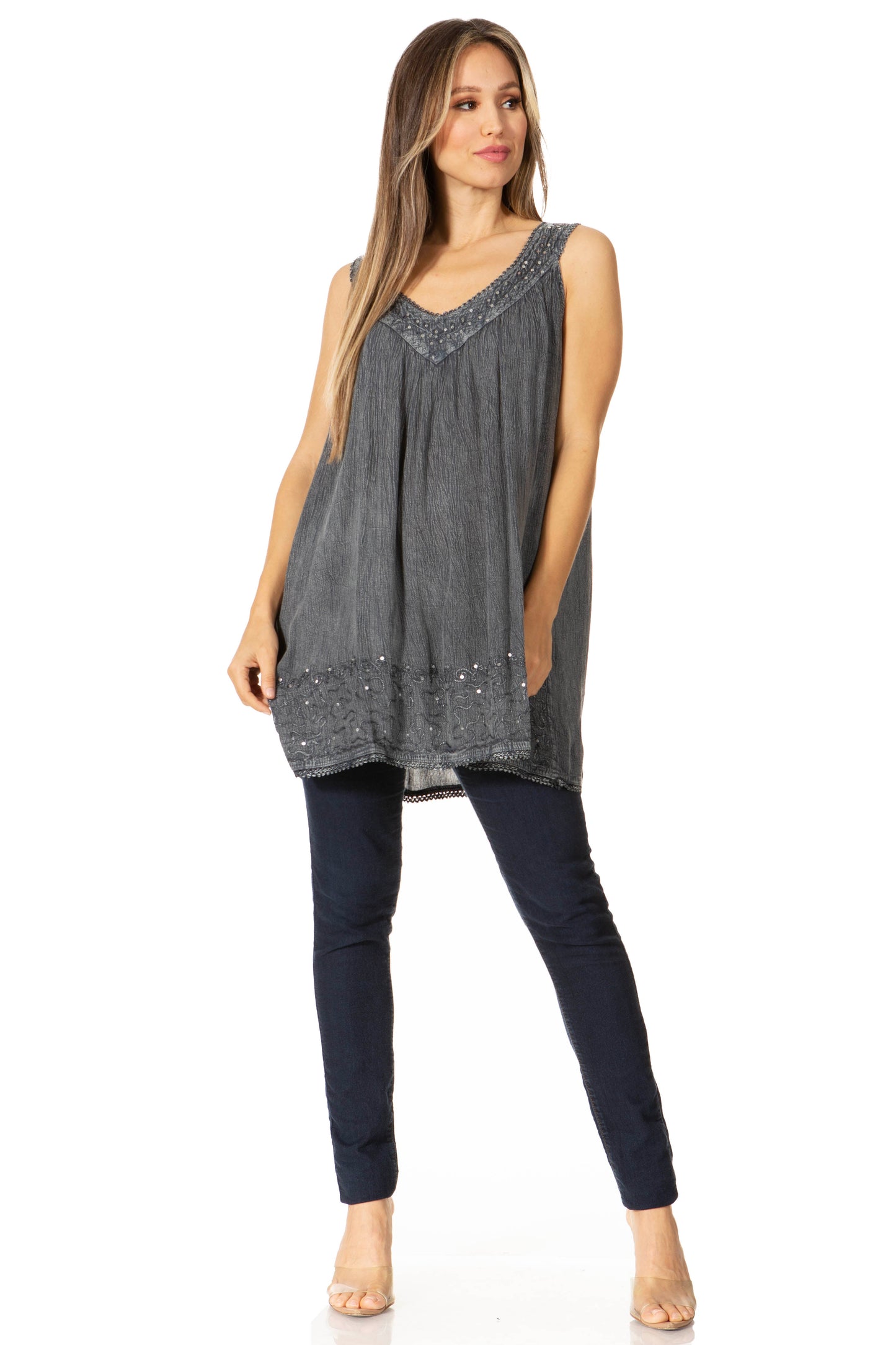 Sakkas Rita Womens Picot Trim V Neck Tank Blouse With Seqins And Embroidery - Concordia Style Boutique