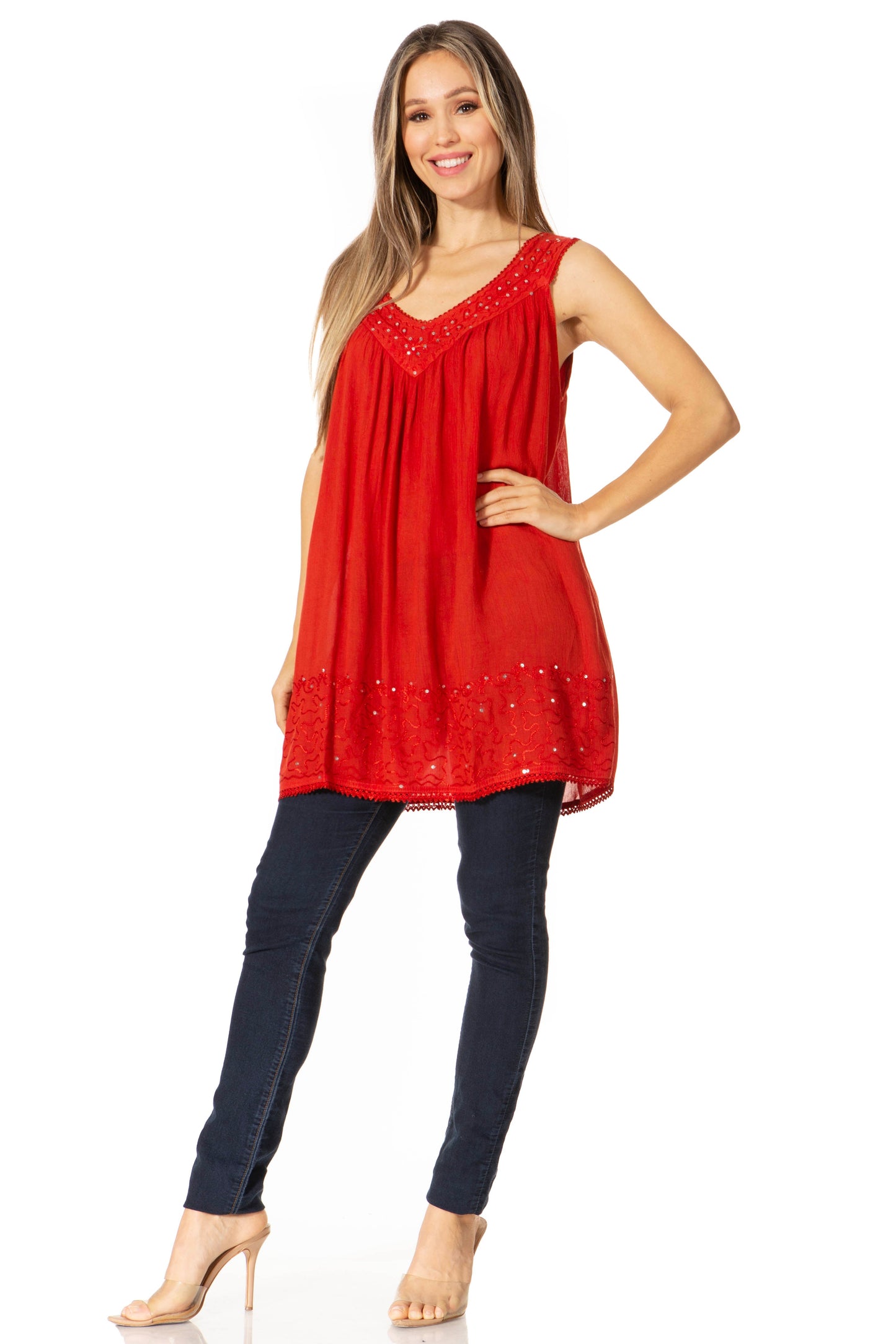 Sakkas Rita Womens Picot Trim V Neck Tank Blouse With Seqins And Embroidery - Concordia Style Boutique