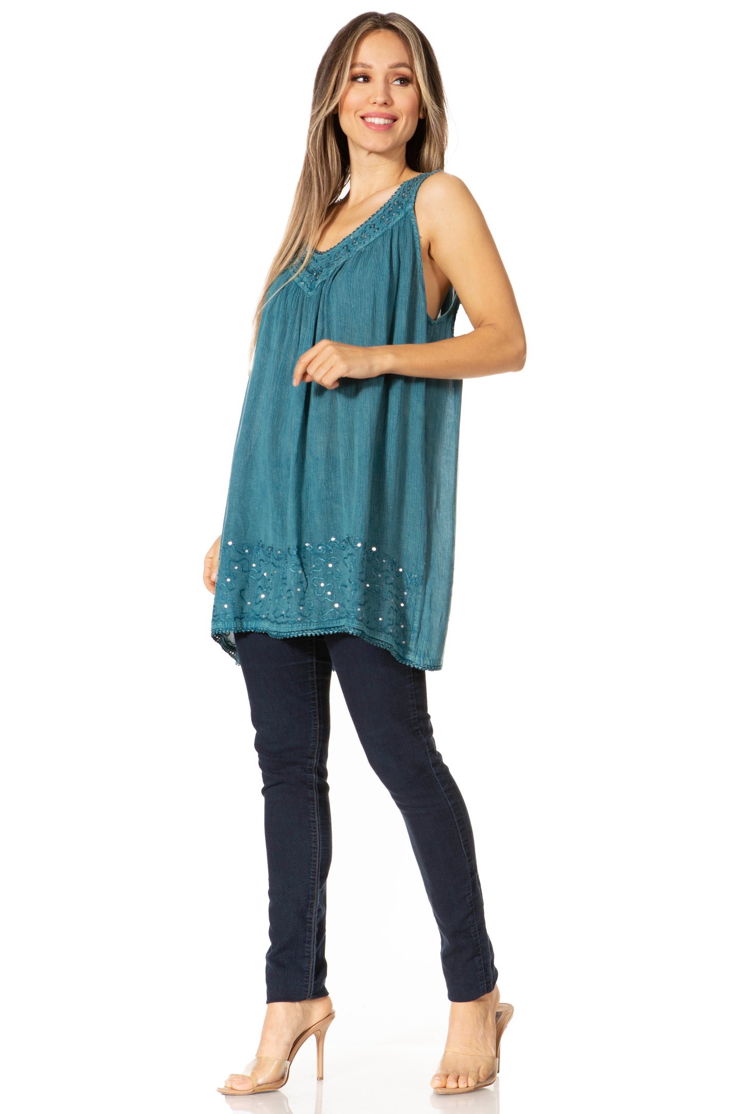 Sakkas Rita Womens Picot Trim V Neck Tank Blouse With Seqins And Embroidery - Concordia Style Boutique