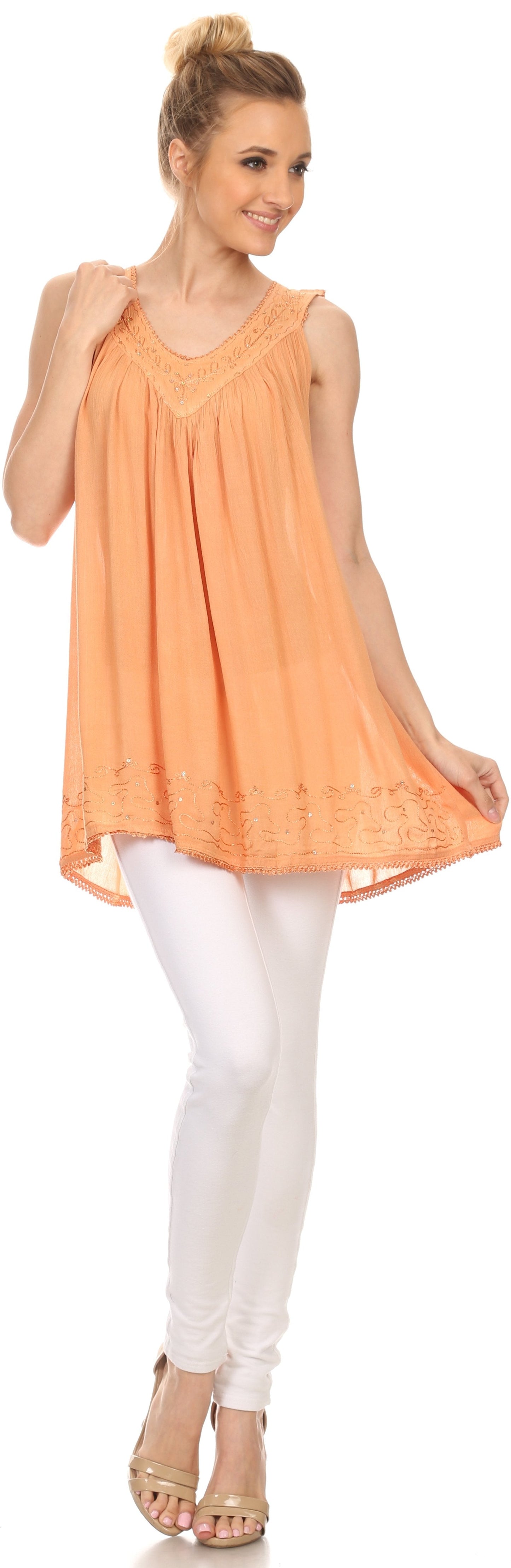 Sakkas Rita Womens Picot Trim V Neck Tank Blouse With Seqins And Embroidery - Concordia Style Boutique