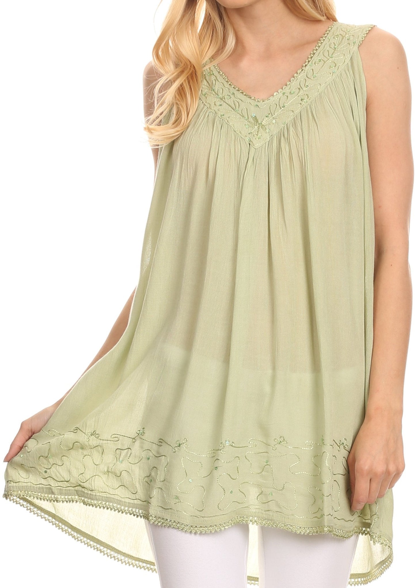 Sakkas Rita Womens Picot Trim V Neck Tank Blouse With Seqins And Embroidery - Concordia Style Boutique