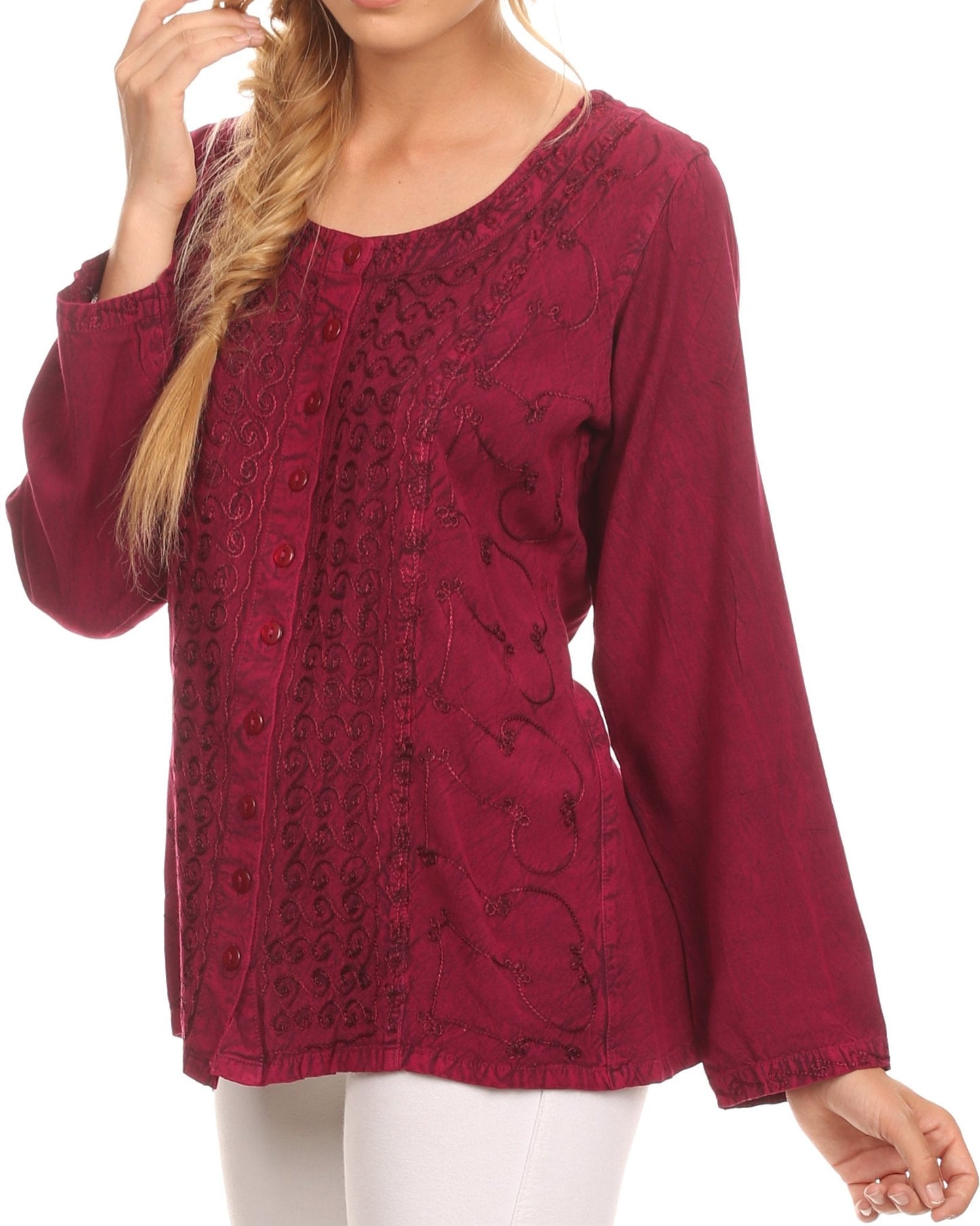 Sakkas Fedella Deep Scoop Neck Long Sleeve Blouse Top With Adjustable Back Straps - Concordia Style Boutique