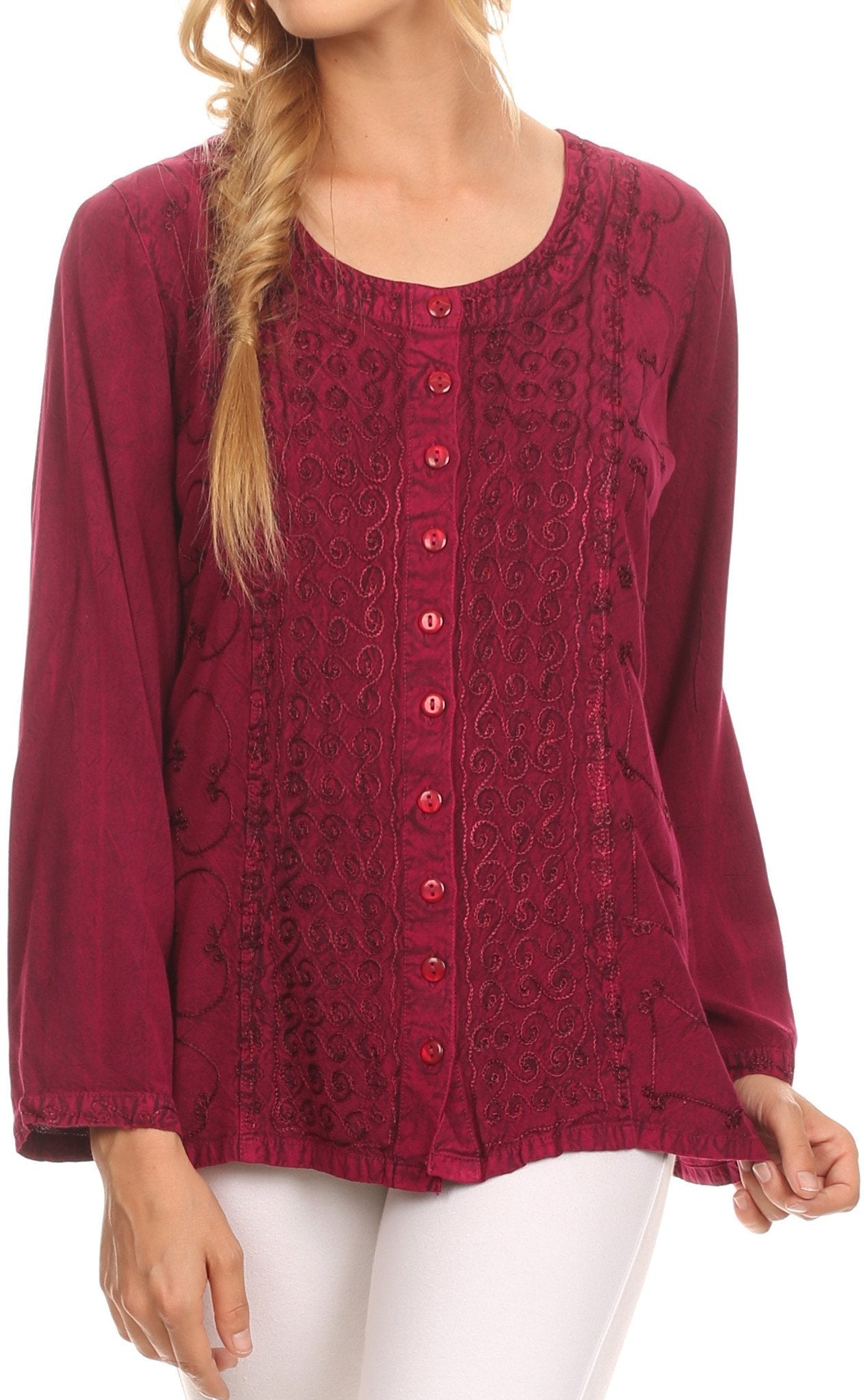 Sakkas Fedella Deep Scoop Neck Long Sleeve Blouse Top With Adjustable Back Straps - Concordia Style Boutique