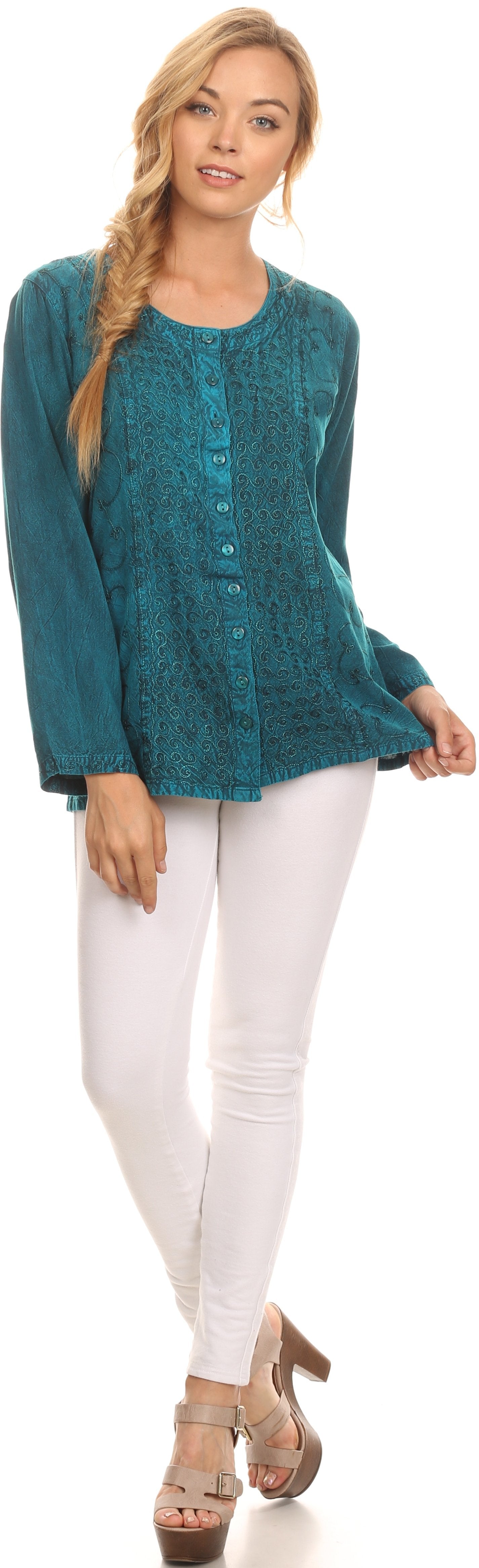 Sakkas Fedella Deep Scoop Neck Long Sleeve Blouse Top With Adjustable Back Straps - Concordia Style Boutique