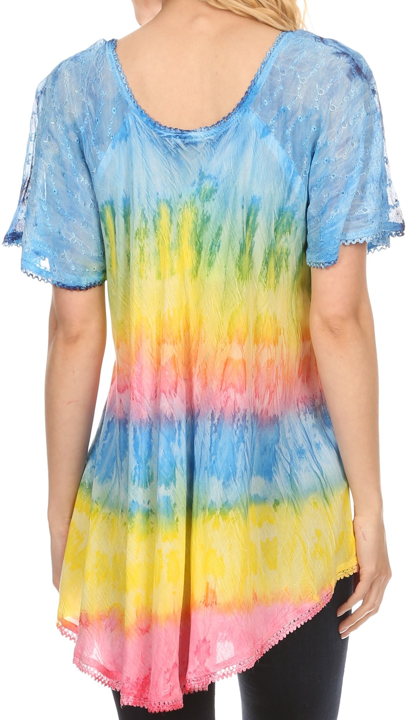 Sakkas Monet Long Tall Tie Dye Ombre Embroidered Cap Sleeve Blouse Shirt Top - Concordia Style Boutique