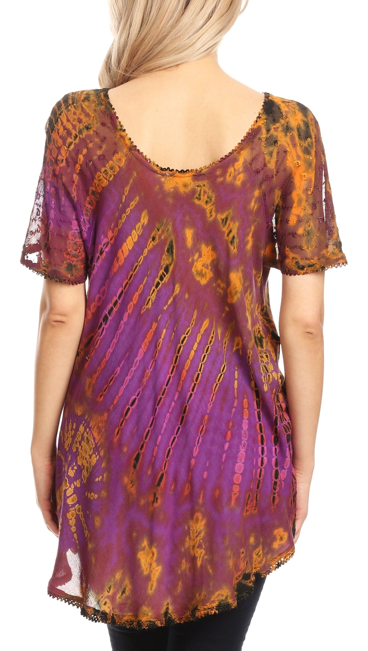 Sakkas Splenka Long Tie Dye Embroidered Corset Neck Cap Sleeve Blouse Shirt Top - Concordia Style Boutique