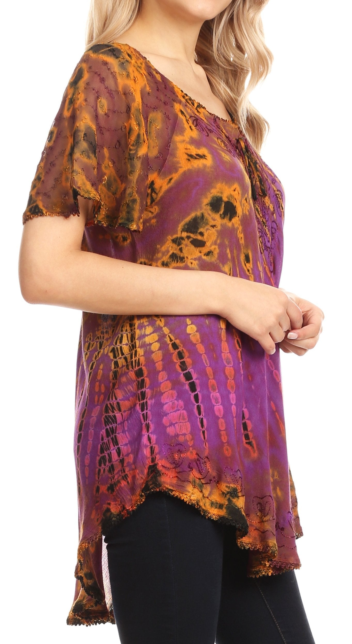 Sakkas Splenka Long Tie Dye Embroidered Corset Neck Cap Sleeve Blouse Shirt Top - Concordia Style Boutique