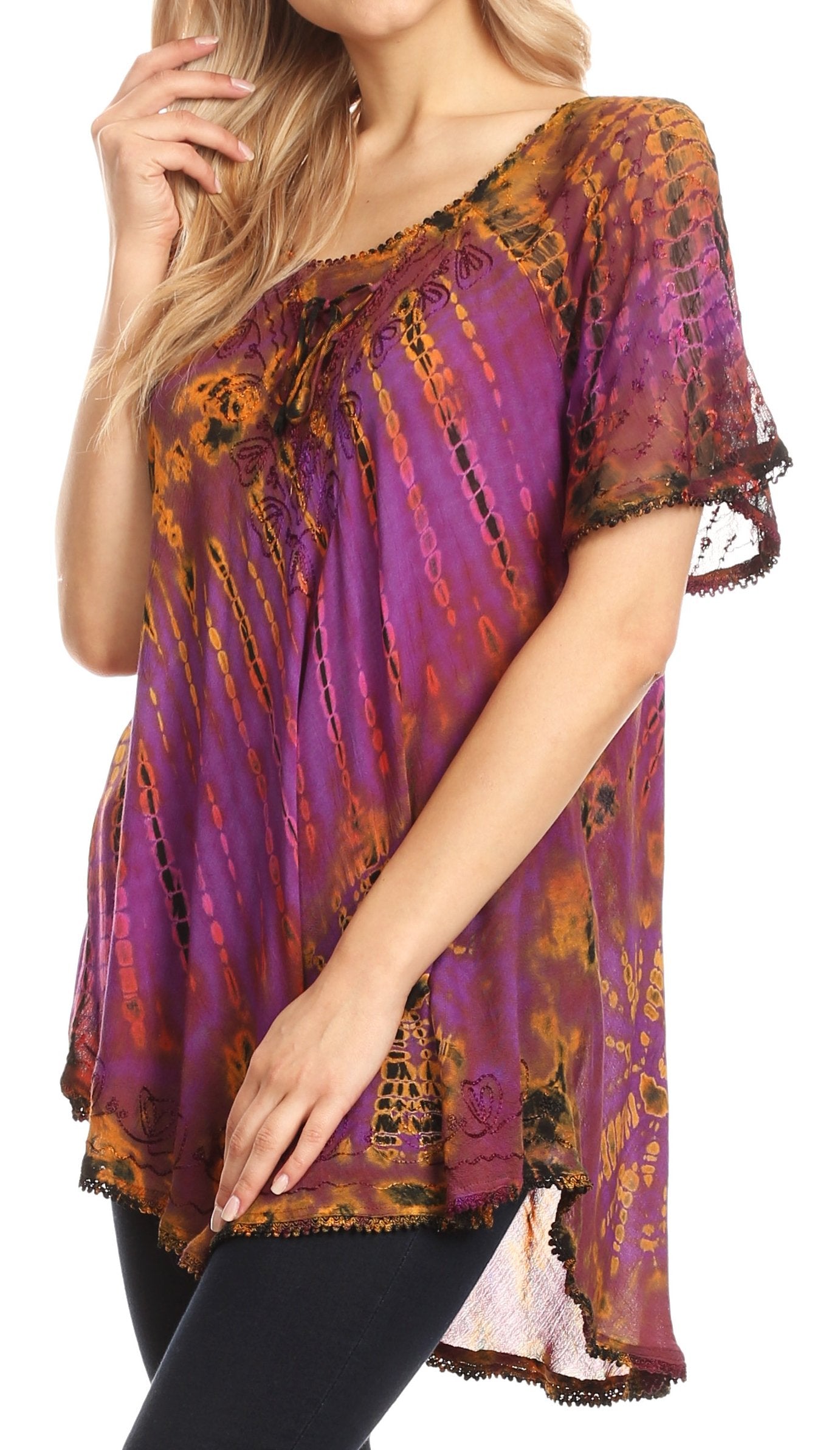 Sakkas Splenka Long Tie Dye Embroidered Corset Neck Cap Sleeve Blouse Shirt Top - Concordia Style Boutique