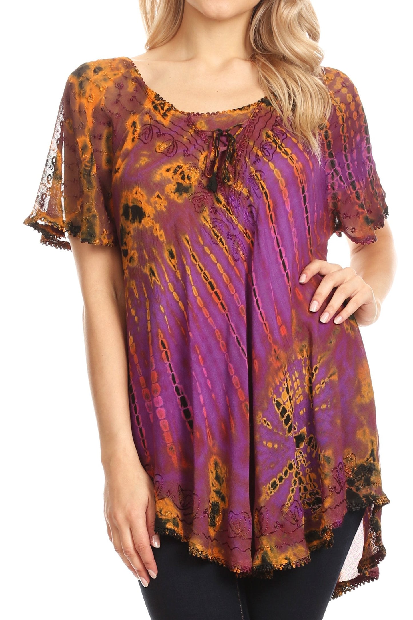 Sakkas Splenka Long Tie Dye Embroidered Corset Neck Cap Sleeve Blouse Shirt Top - Concordia Style Boutique