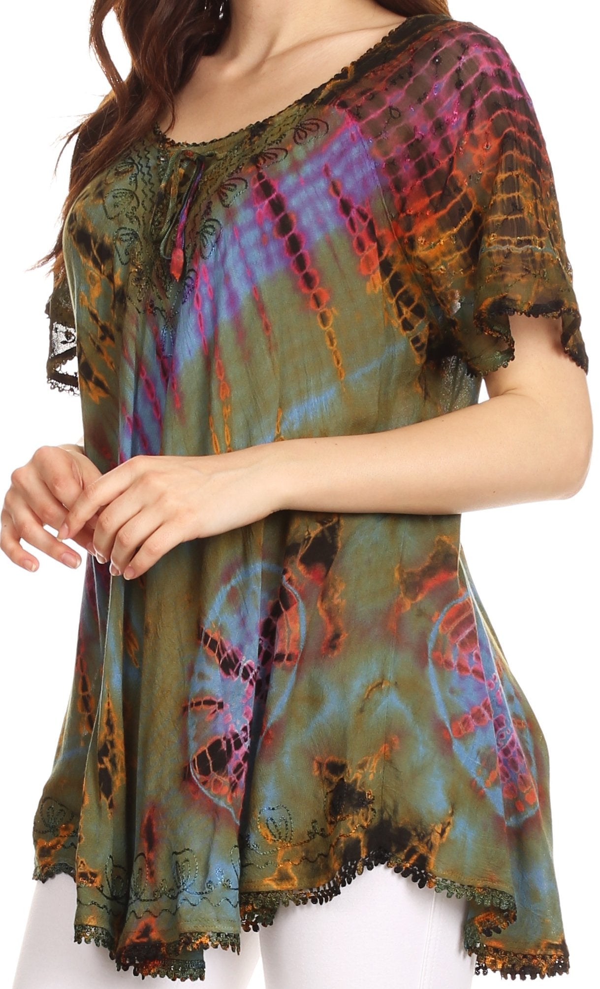 Sakkas Splenka Long Tie Dye Embroidered Corset Neck Cap Sleeve Blouse Shirt Top - Concordia Style Boutique
