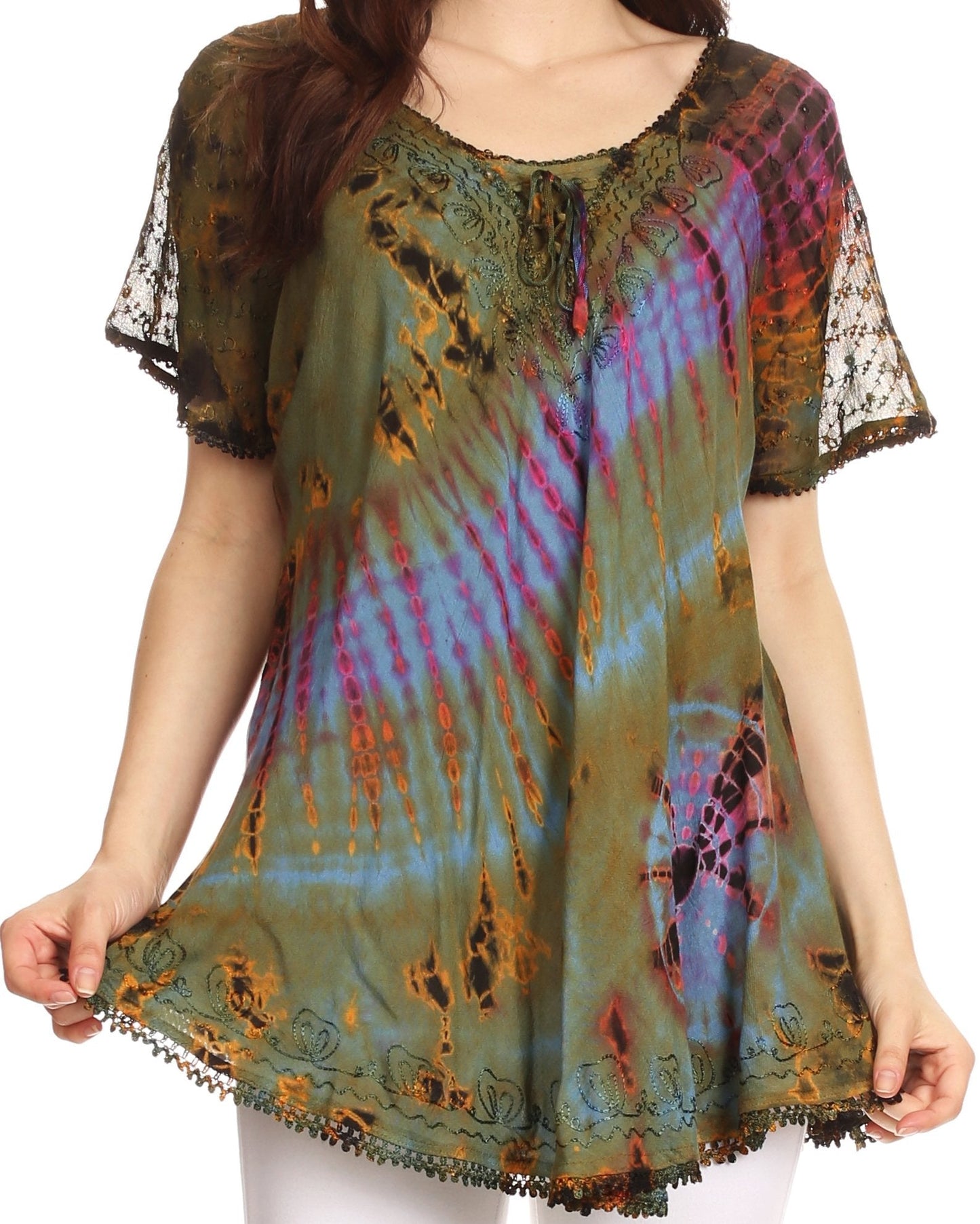 Sakkas Splenka Long Tie Dye Embroidered Corset Neck Cap Sleeve Blouse Shirt Top - Concordia Style Boutique