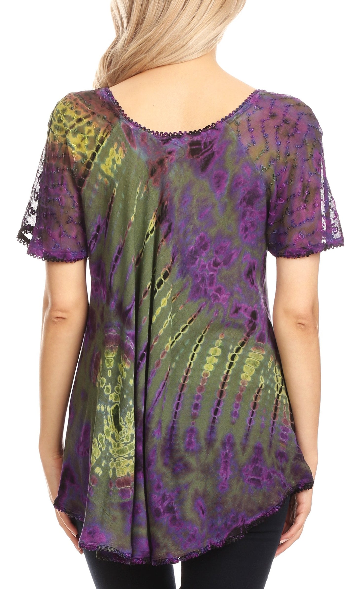 Sakkas Splenka Long Tie Dye Embroidered Corset Neck Cap Sleeve Blouse Shirt Top - Concordia Style Boutique