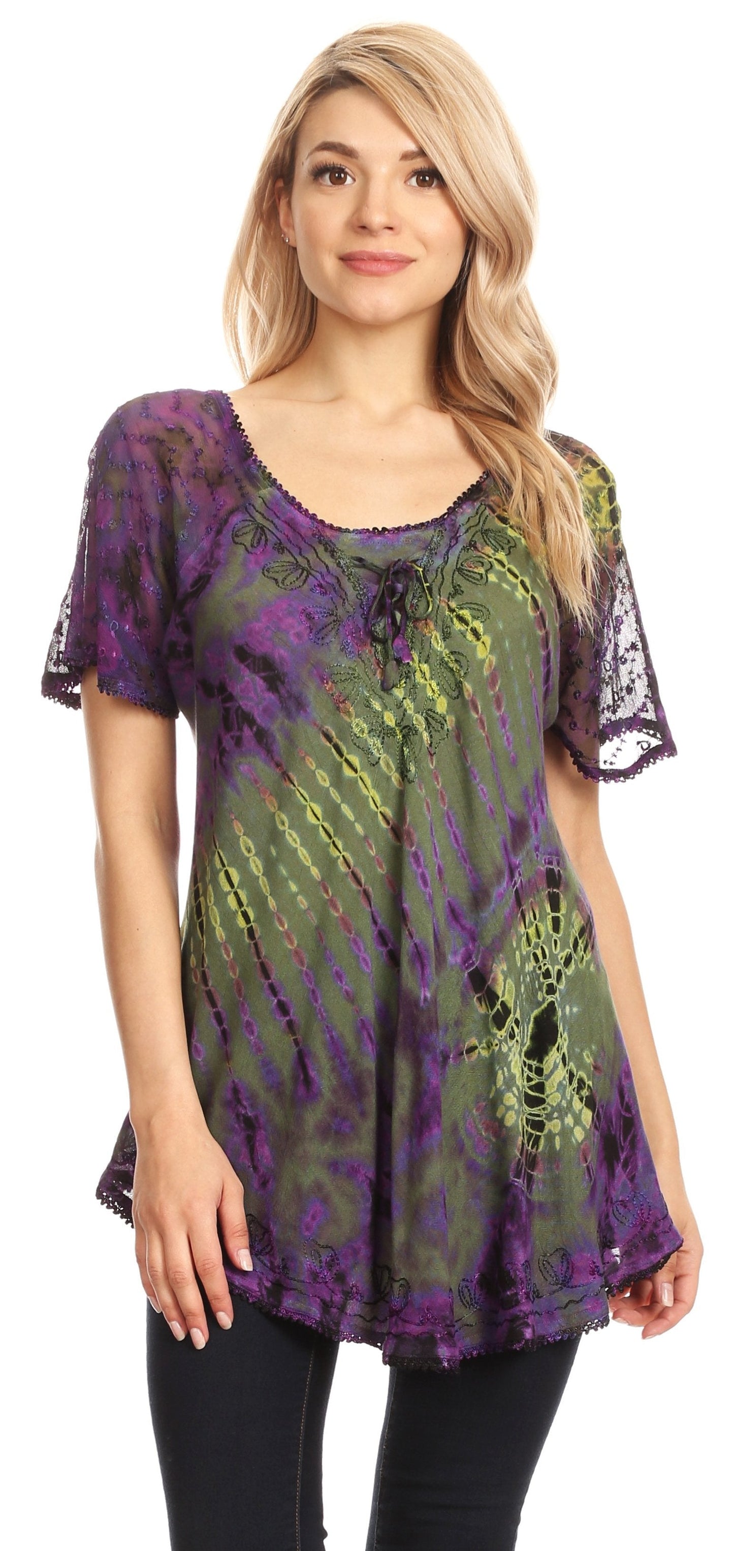 Sakkas Splenka Long Tie Dye Embroidered Corset Neck Cap Sleeve Blouse Shirt Top - Concordia Style Boutique