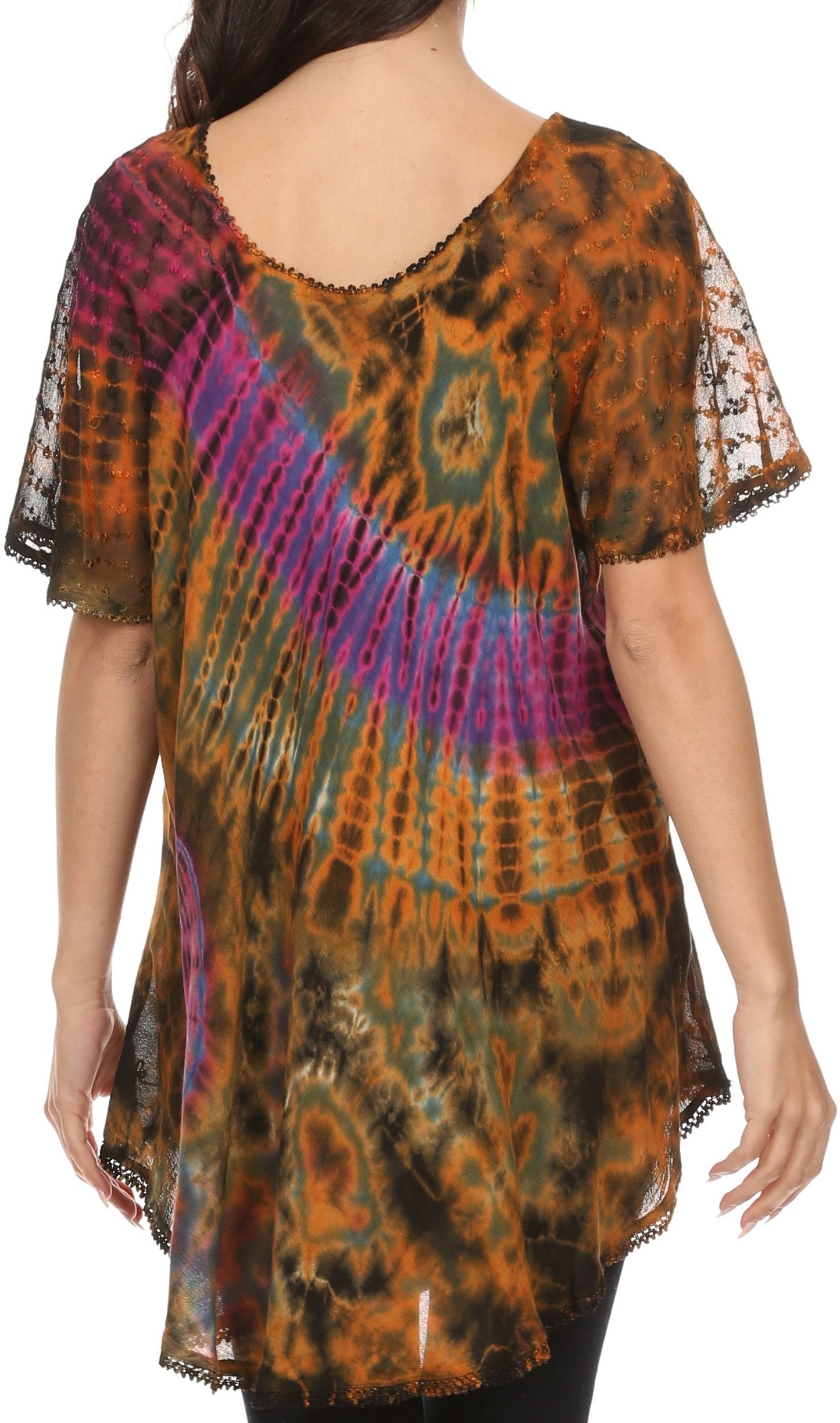 Sakkas Splenka Long Tie Dye Embroidered Corset Neck Cap Sleeve Blouse Shirt Top - Concordia Style Boutique