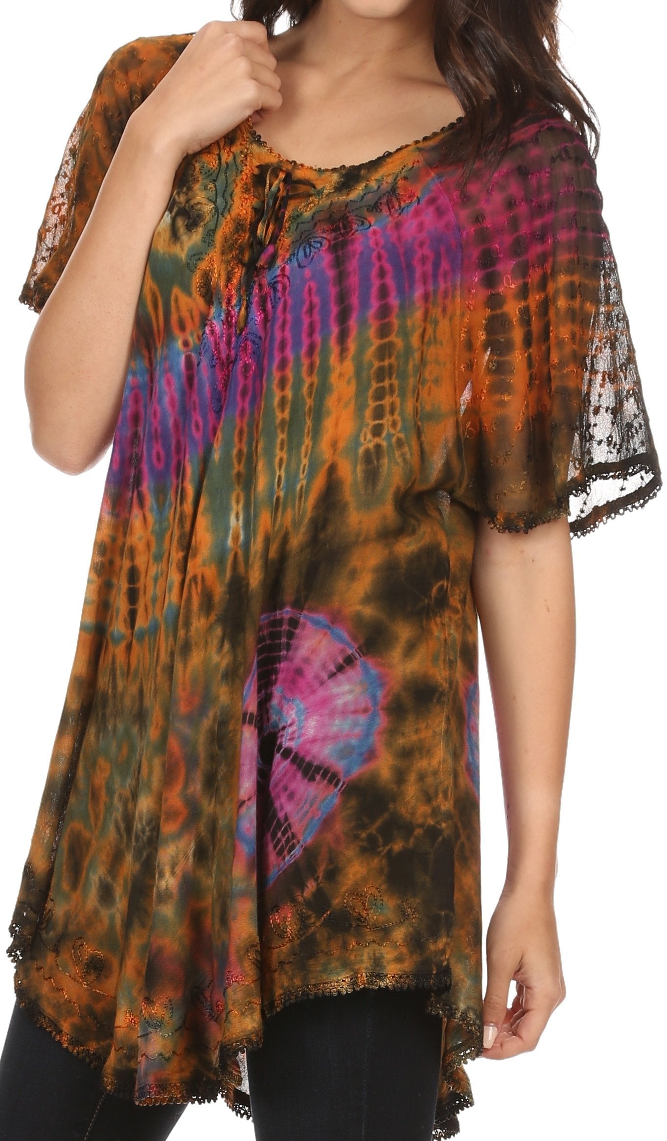 Sakkas Splenka Long Tie Dye Embroidered Corset Neck Cap Sleeve Blouse Shirt Top - Concordia Style Boutique