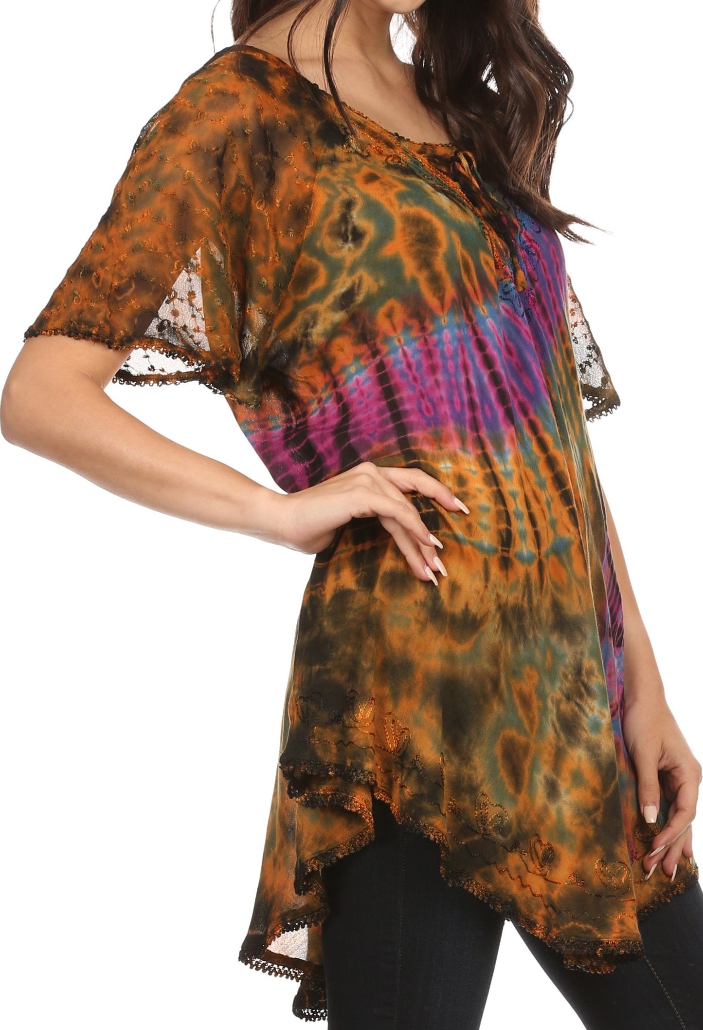 Sakkas Splenka Long Tie Dye Embroidered Corset Neck Cap Sleeve Blouse Shirt Top - Concordia Style Boutique
