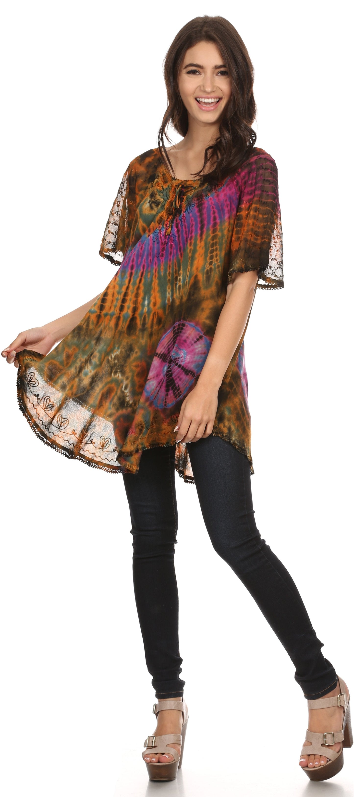 Sakkas Splenka Long Tie Dye Embroidered Corset Neck Cap Sleeve Blouse Shirt Top - Concordia Style Boutique