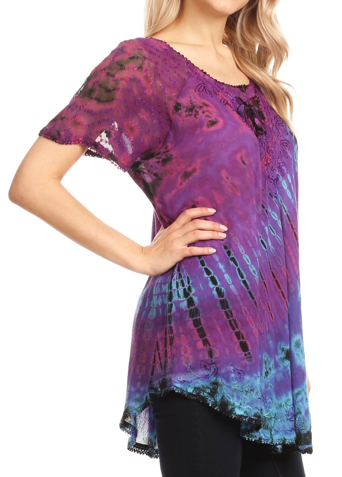 Sakkas Splenka Long Tie Dye Embroidered Corset Neck Cap Sleeve Blouse Shirt Top - Concordia Style Boutique