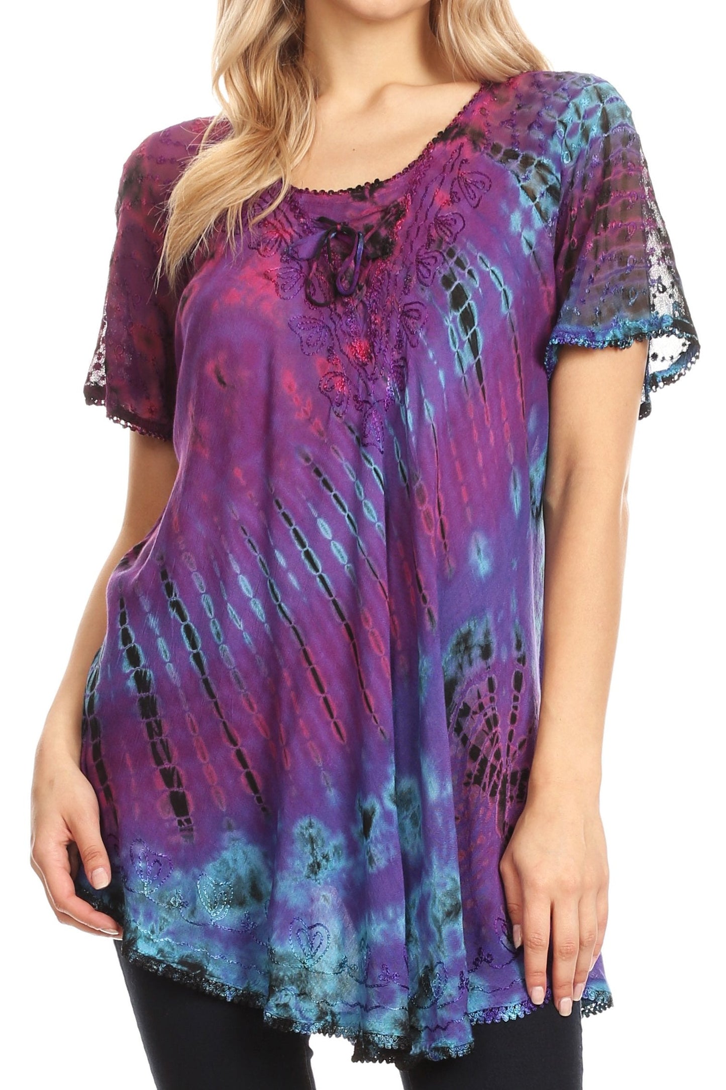 Sakkas Splenka Long Tie Dye Embroidered Corset Neck Cap Sleeve Blouse Shirt Top - Concordia Style Boutique