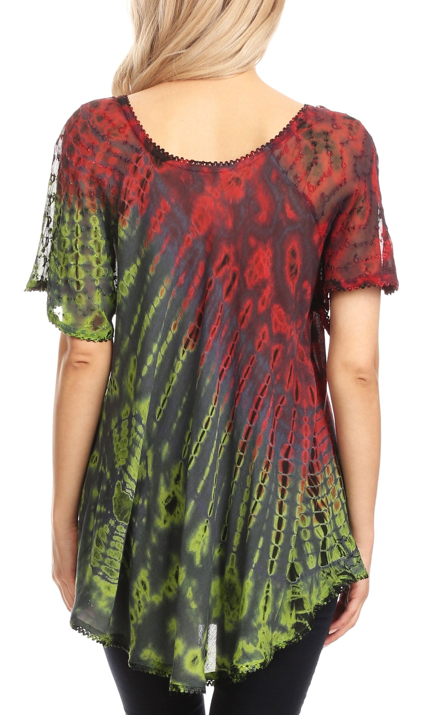 Sakkas Splenka Long Tie Dye Embroidered Corset Neck Cap Sleeve Blouse Shirt Top - Concordia Style Boutique