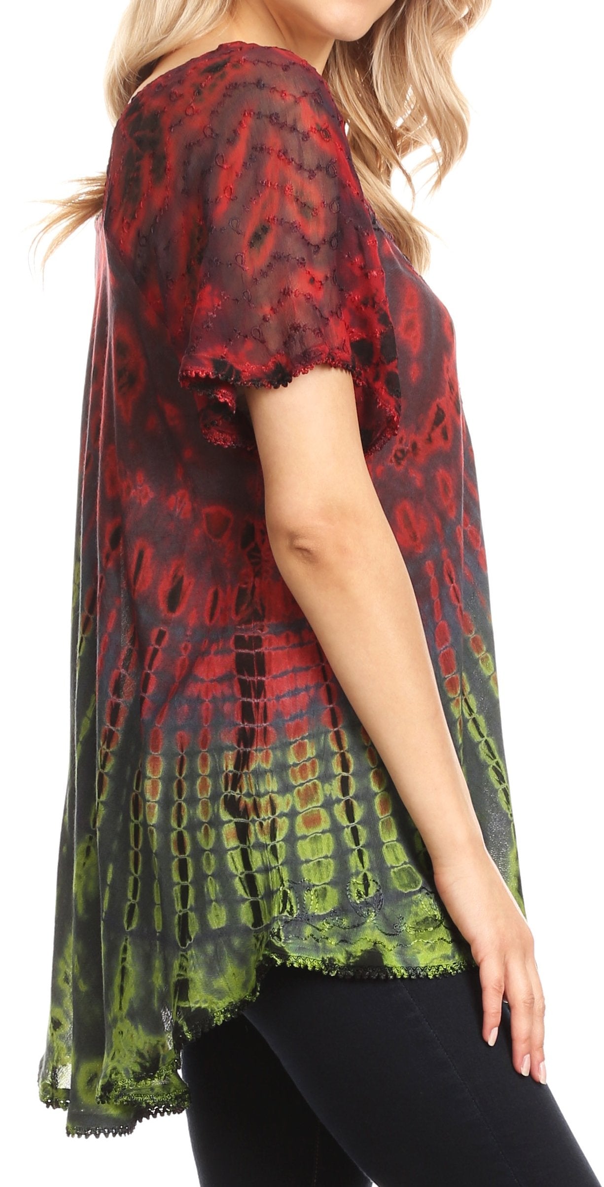 Sakkas Splenka Long Tie Dye Embroidered Corset Neck Cap Sleeve Blouse Shirt Top - Concordia Style Boutique
