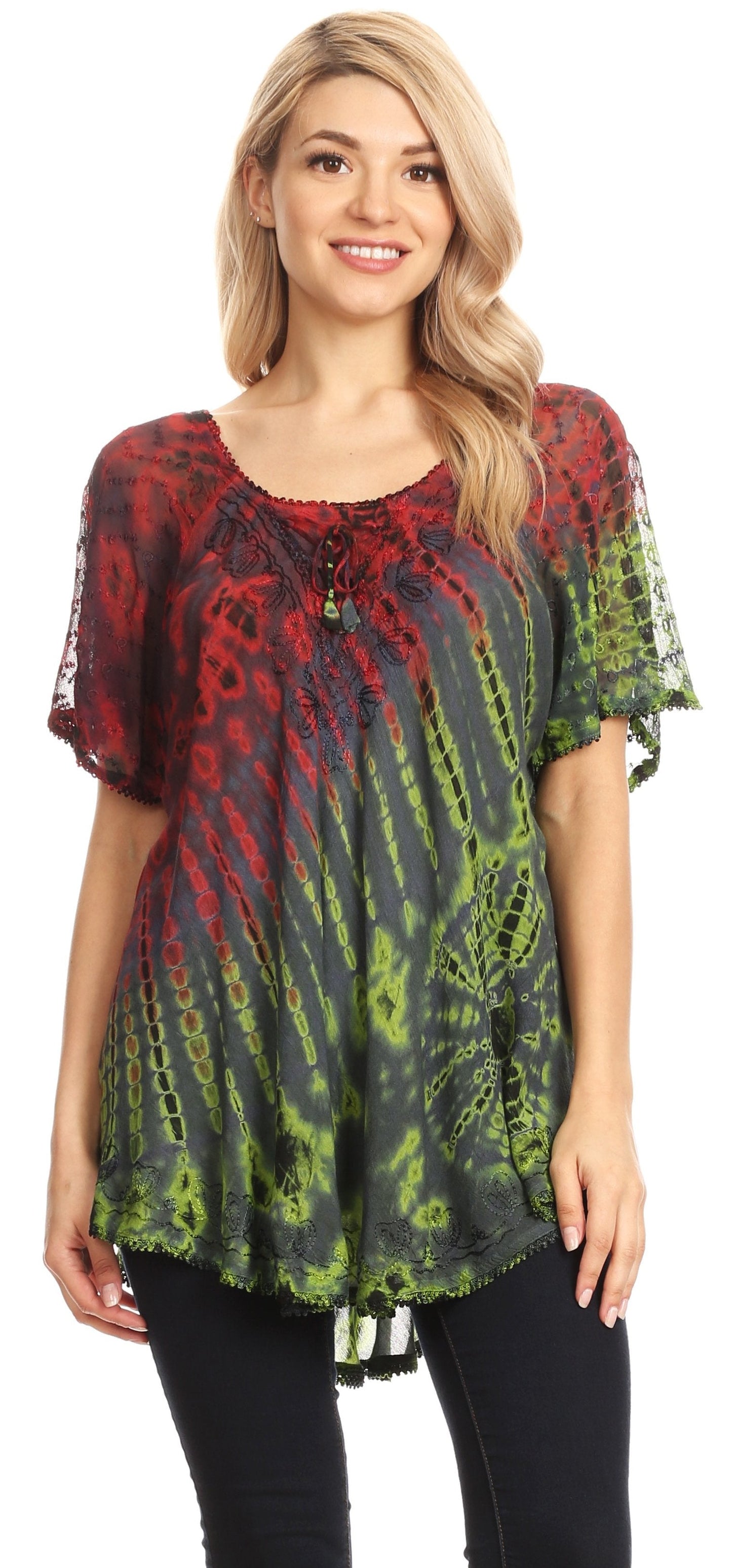 Sakkas Splenka Long Tie Dye Embroidered Corset Neck Cap Sleeve Blouse Shirt Top - Concordia Style Boutique