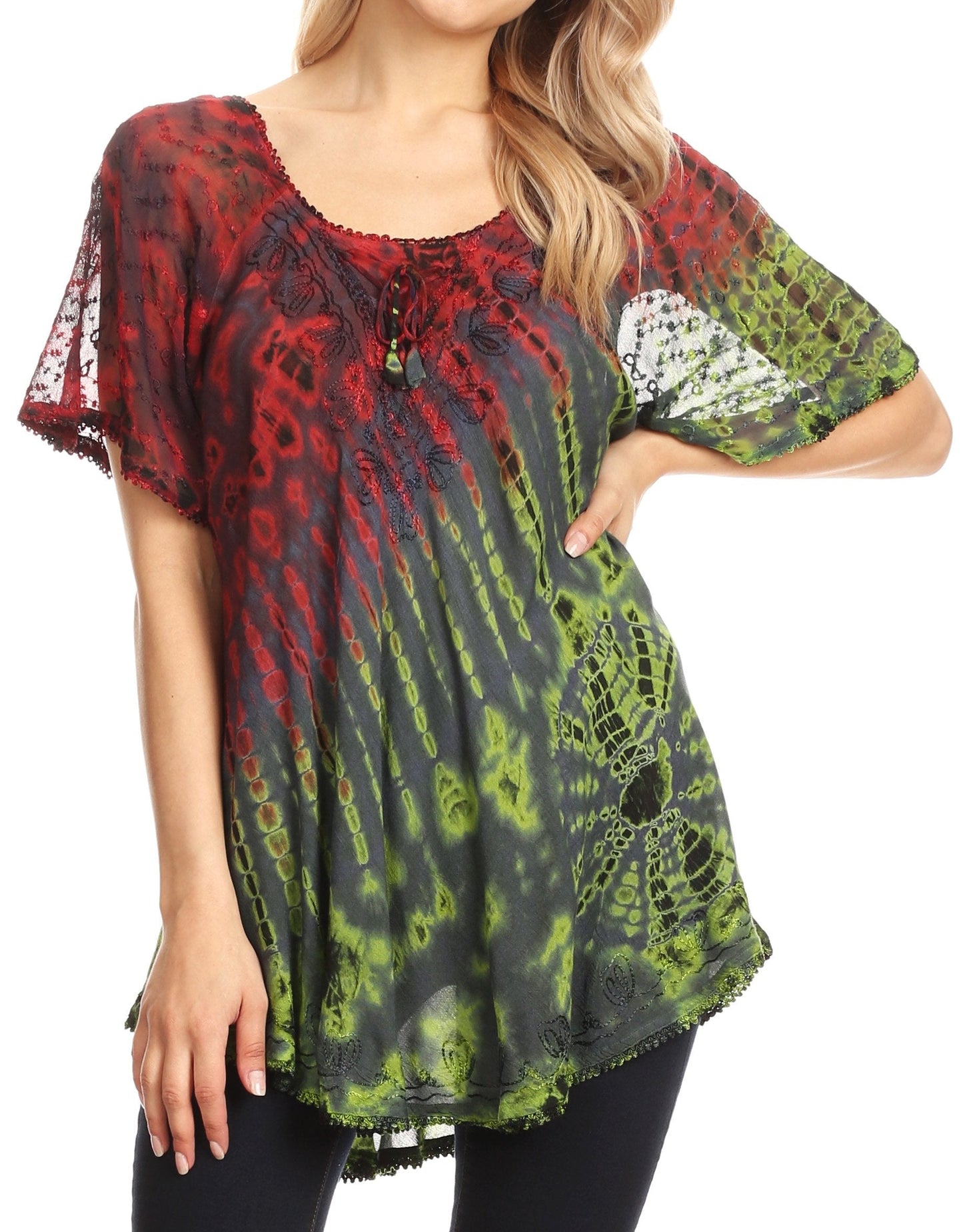 Sakkas Splenka Long Tie Dye Embroidered Corset Neck Cap Sleeve Blouse Shirt Top - Concordia Style Boutique