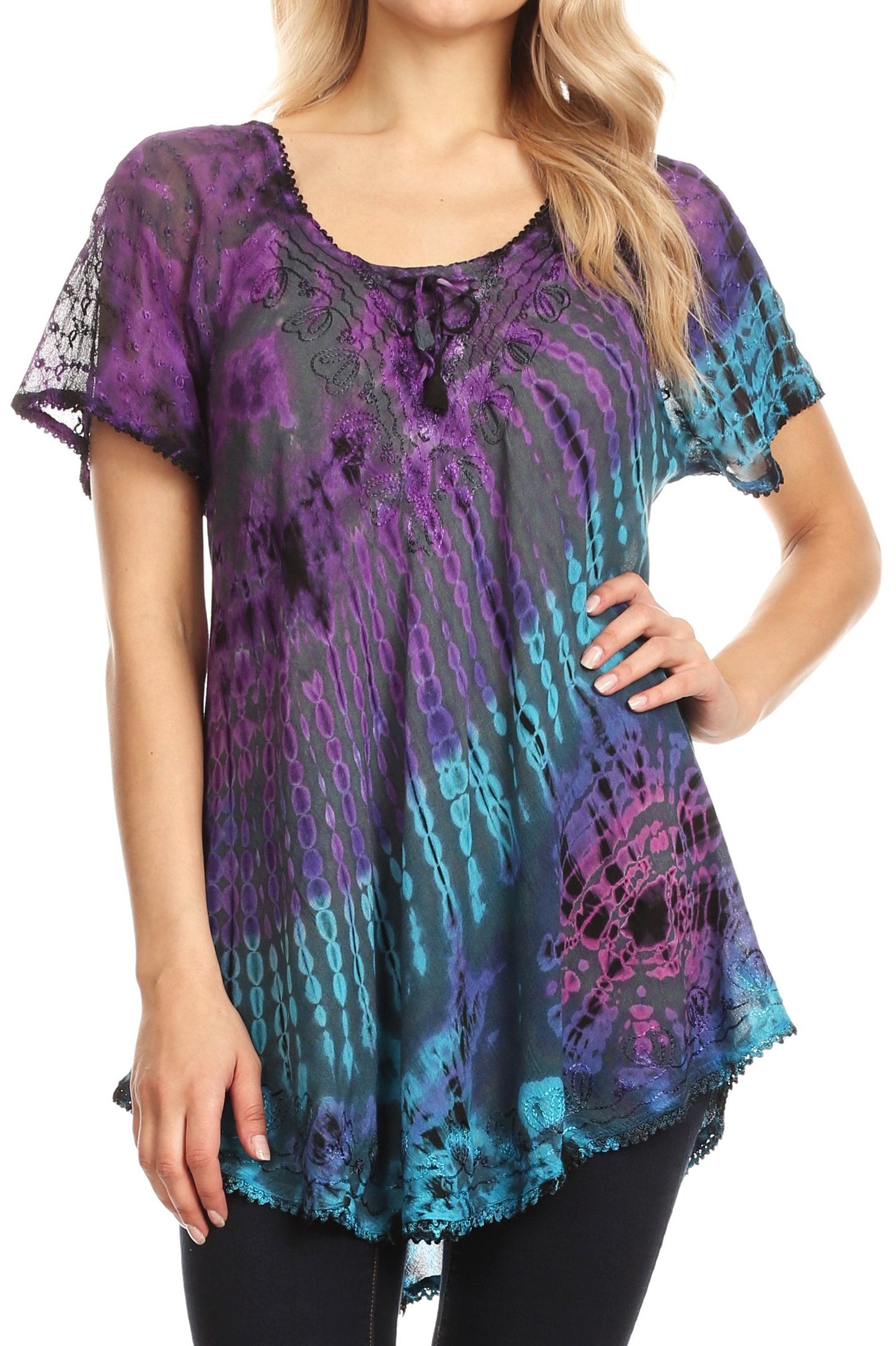 Sakkas Splenka Long Tie Dye Embroidered Corset Neck Cap Sleeve Blouse Shirt Top - Concordia Style Boutique