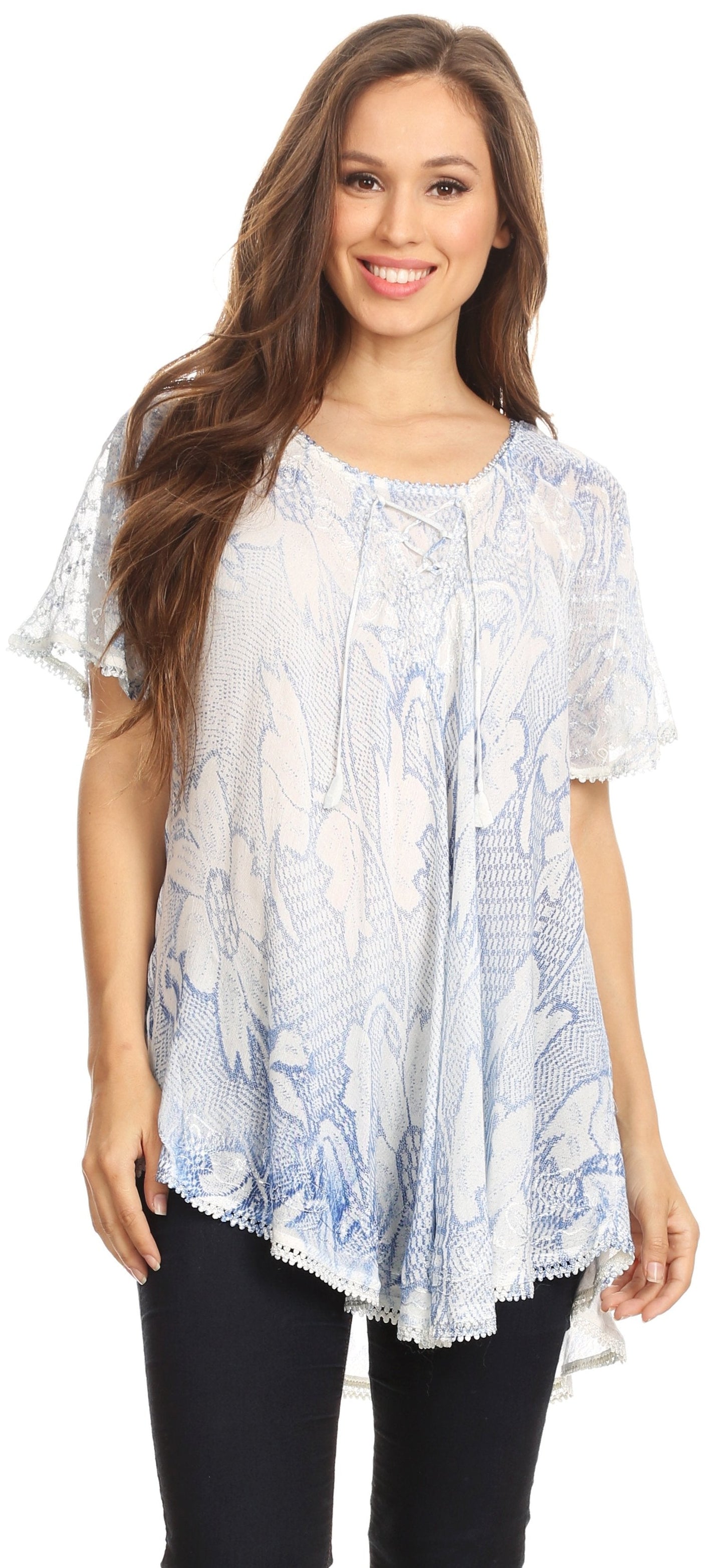 Sakkas Maliky Wide Corset Neck Floral Embroidered Cap Sleeve Blouse Top Shirt - Concordia Style Boutique