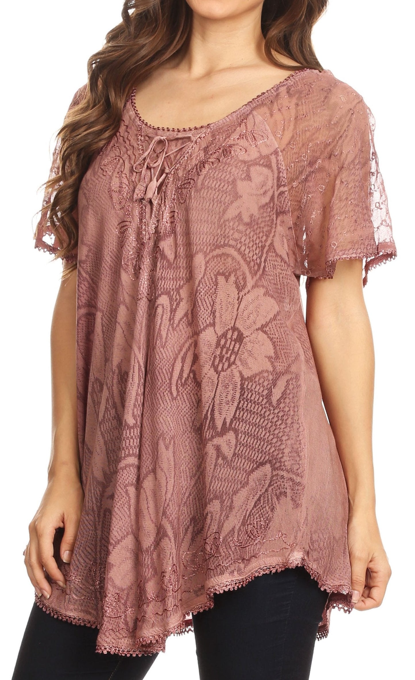 Sakkas Maliky Wide Corset Neck Floral Embroidered Cap Sleeve Blouse Top Shirt - Concordia Style Boutique