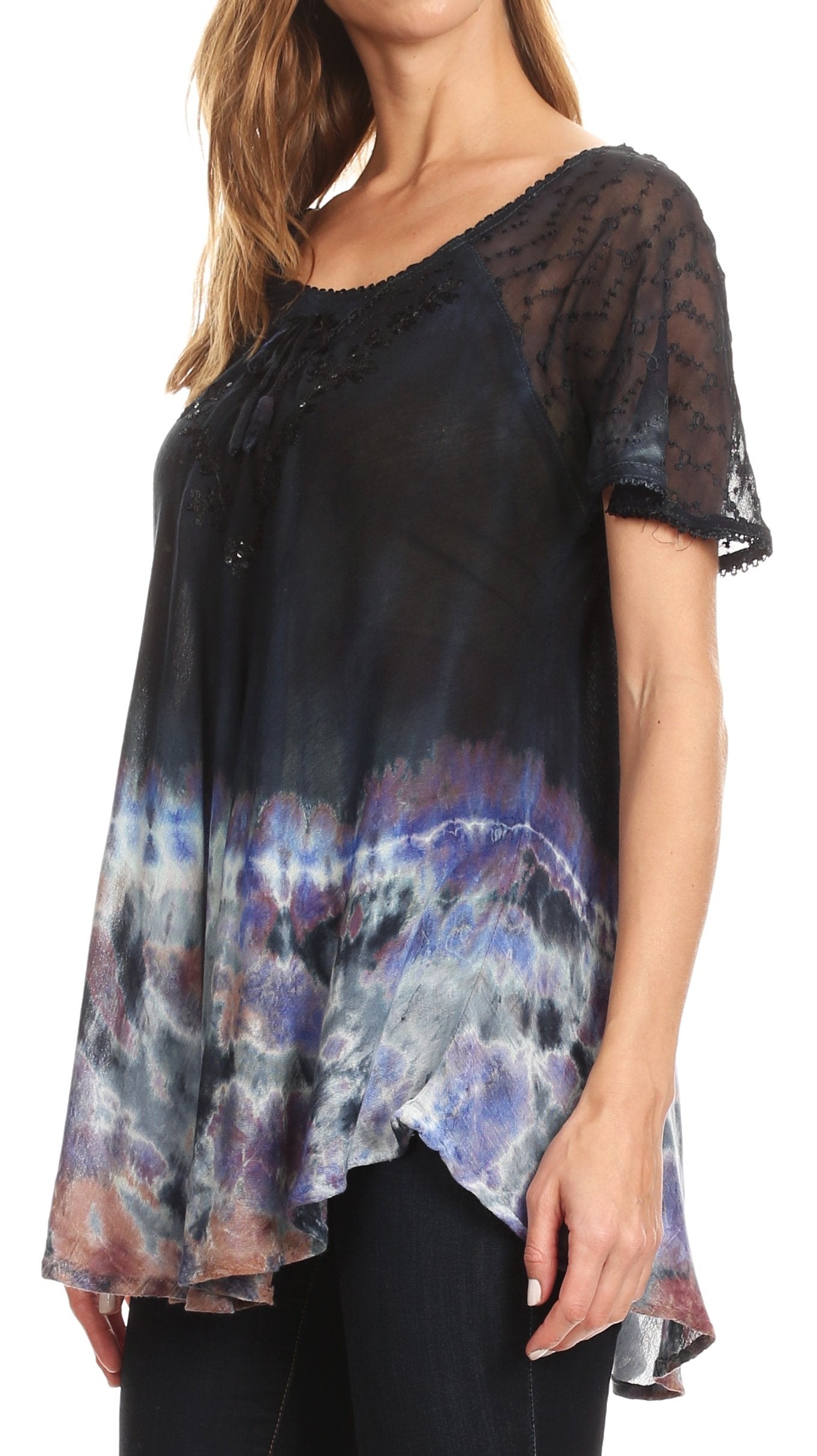Sakkas Clarice Petite Raglan Lace Up Tie Dye Blouse with Embroidery and Sequins - Concordia Style Boutique
