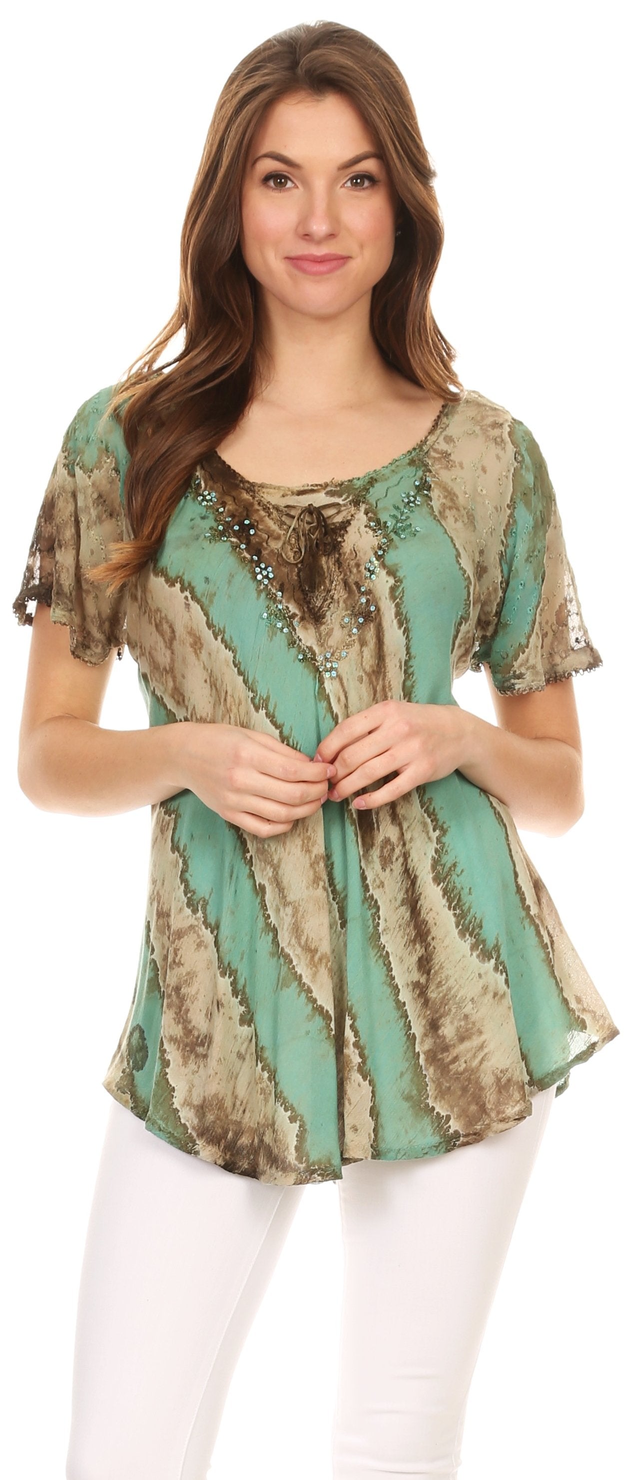 Sakkas Valencia Tie Dye Sheer Cap Sleeve Embellished Drawstring Scoop Neck Top - Concordia Style Boutique