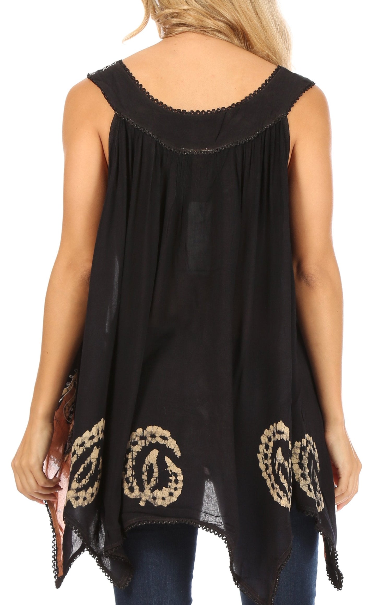 Sakkas Gaia V-neck Sleeveless Tank Top with Embroidery and Handkerchief Hem - Concordia Style Boutique