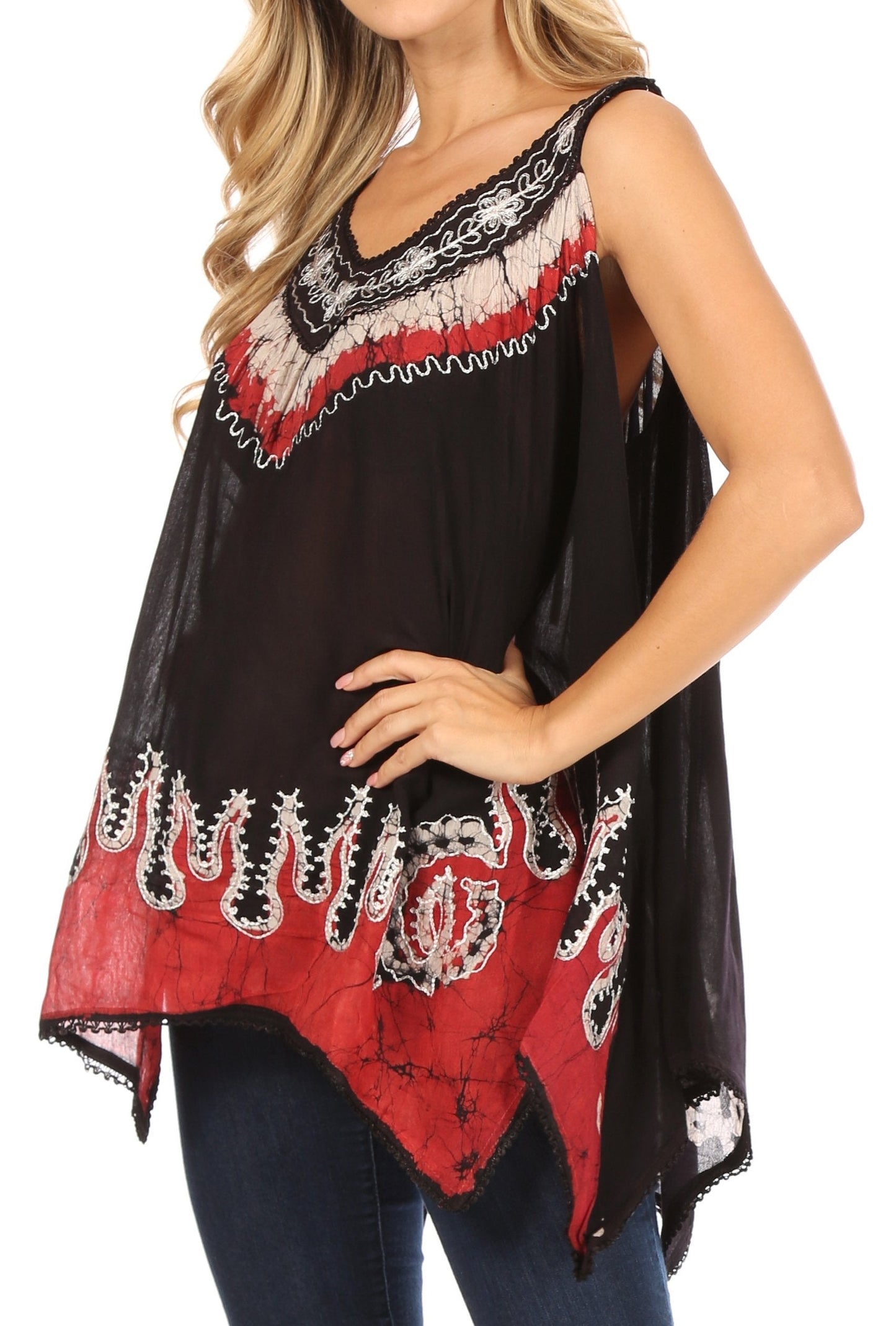 Sakkas Gaia V-neck Sleeveless Tank Top with Embroidery and Handkerchief Hem - Concordia Style Boutique