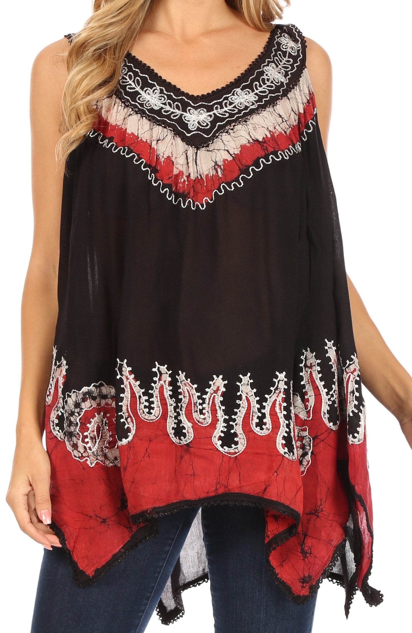 Sakkas Gaia V-neck Sleeveless Tank Top with Embroidery and Handkerchief Hem - Concordia Style Boutique