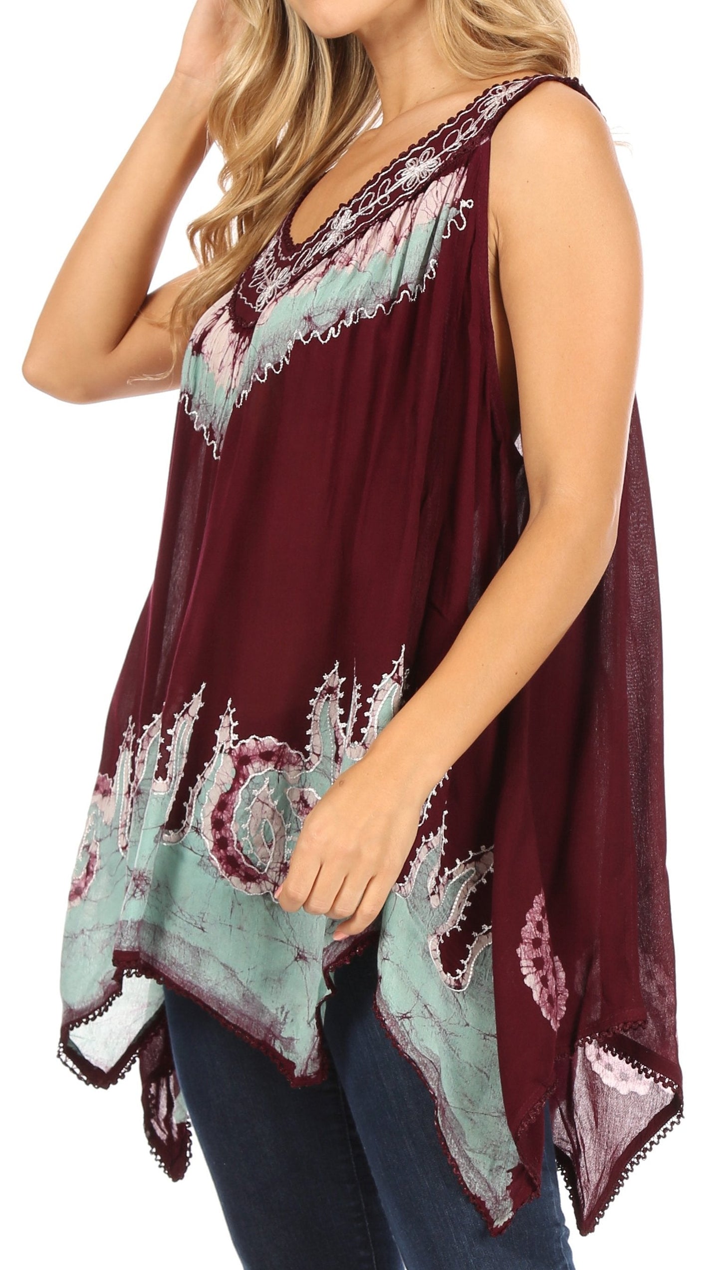 Sakkas Gaia V-neck Sleeveless Tank Top with Embroidery and Handkerchief Hem - Concordia Style Boutique