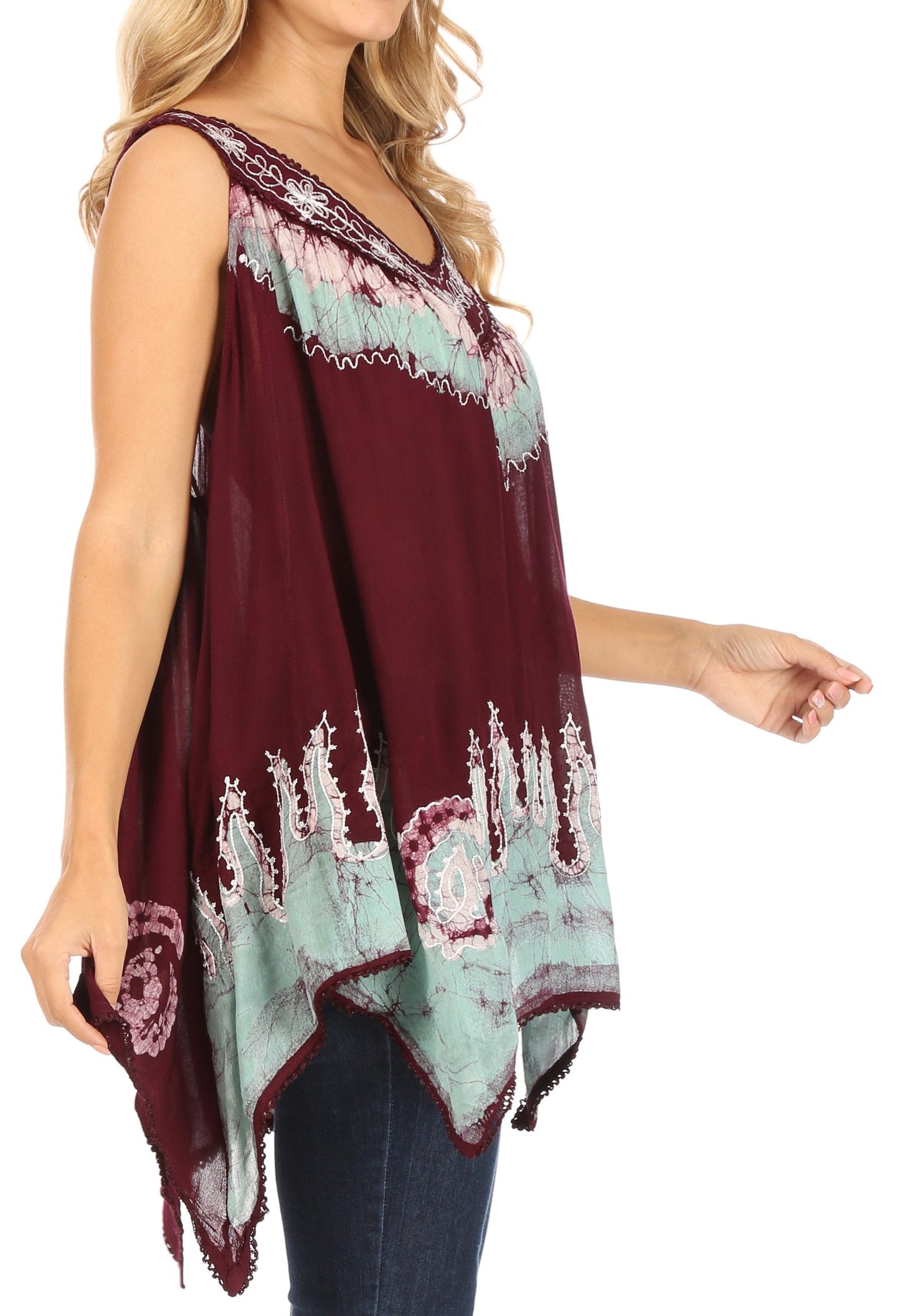 Sakkas Gaia V-neck Sleeveless Tank Top with Embroidery and Handkerchief Hem - Concordia Style Boutique