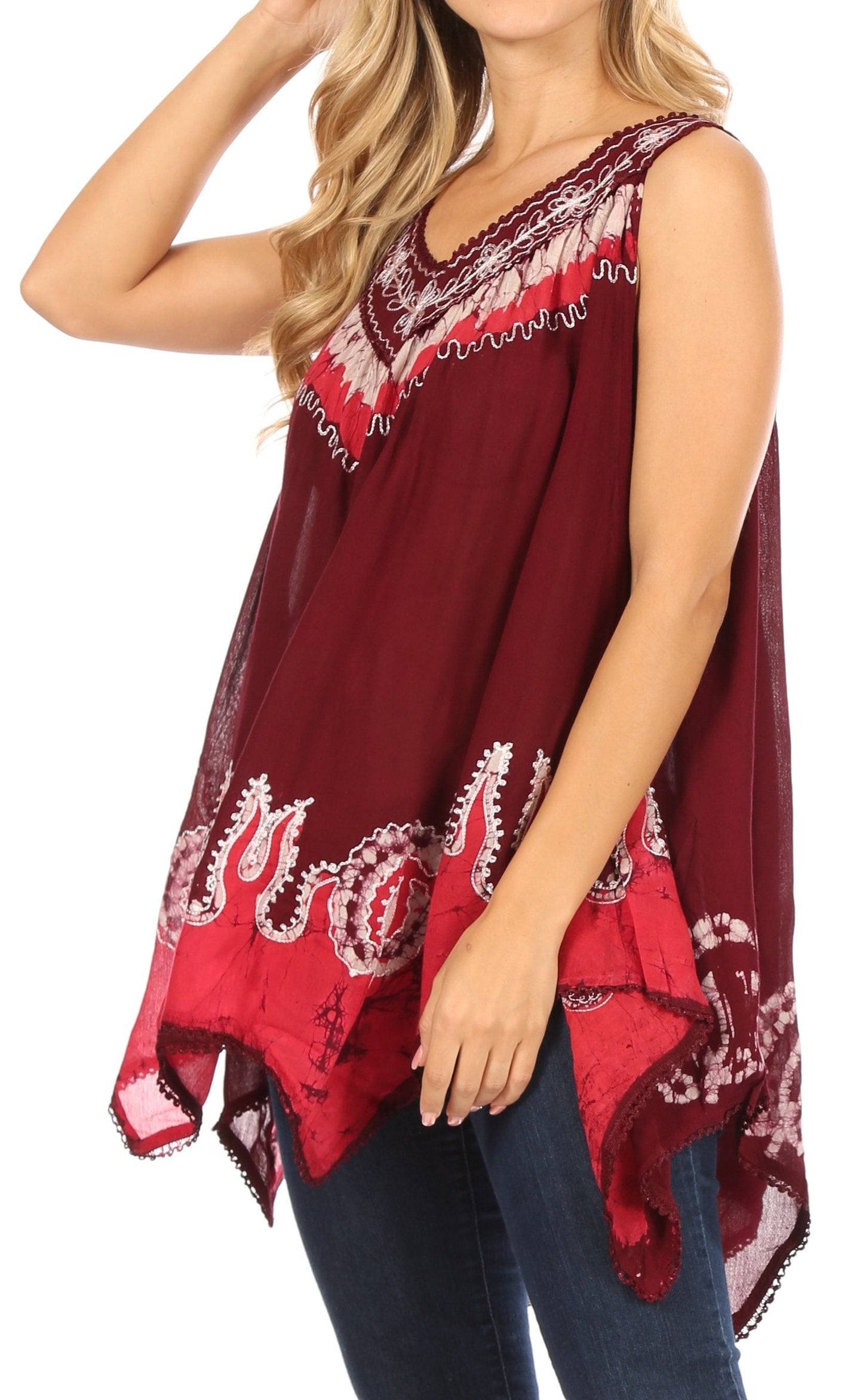 Sakkas Gaia V-neck Sleeveless Tank Top with Embroidery and Handkerchief Hem - Concordia Style Boutique
