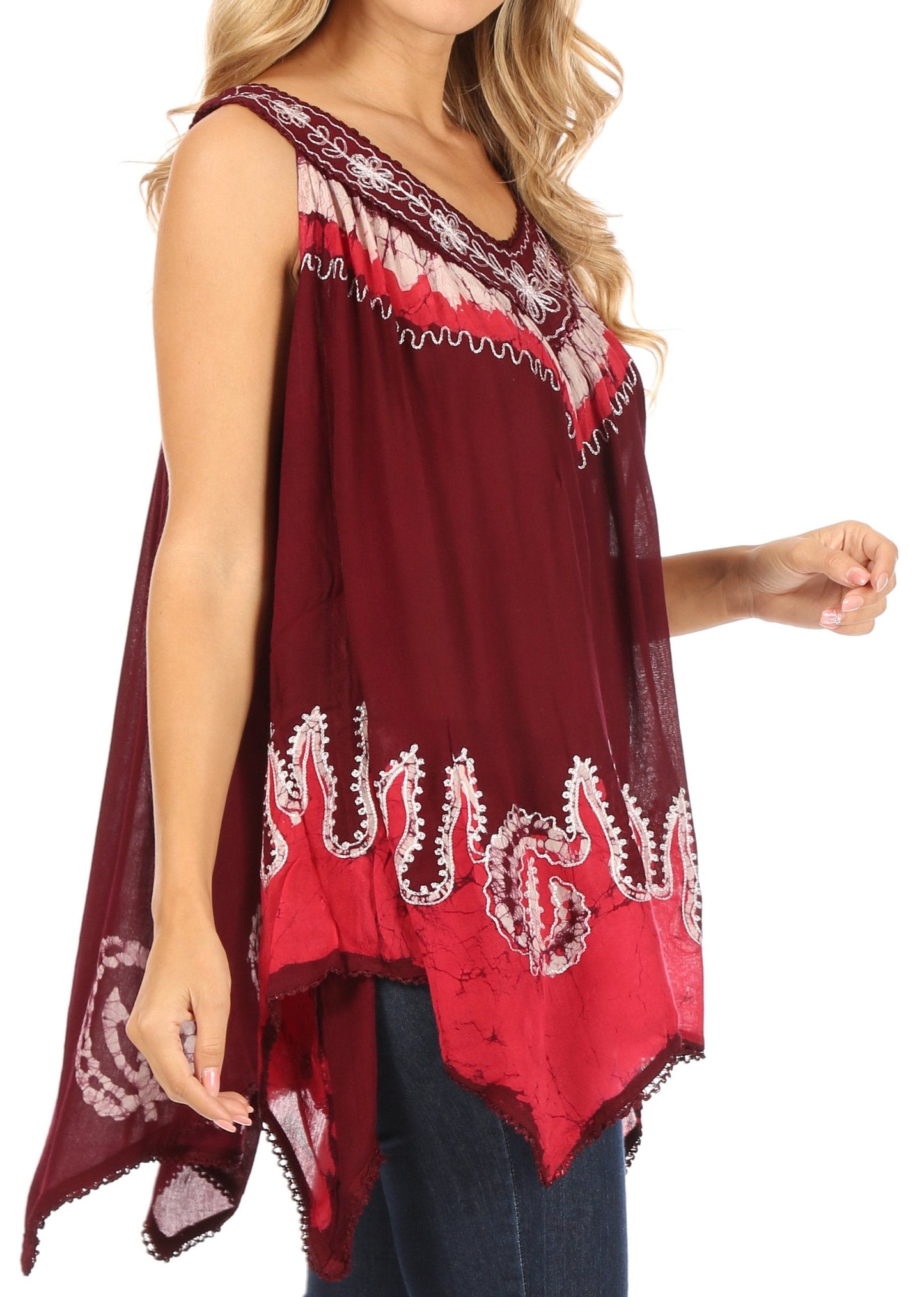 Sakkas Gaia V-neck Sleeveless Tank Top with Embroidery and Handkerchief Hem - Concordia Style Boutique