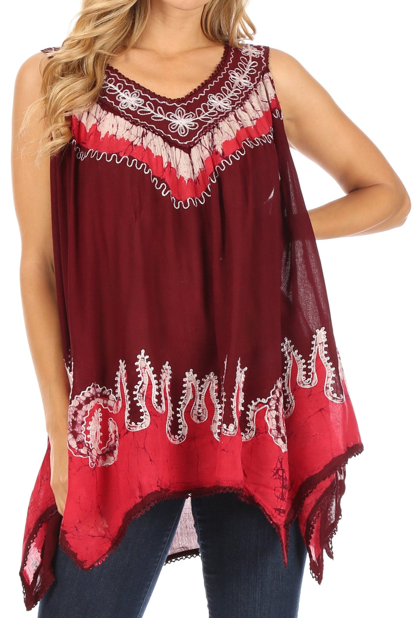 Sakkas Gaia V-neck Sleeveless Tank Top with Embroidery and Handkerchief Hem - Concordia Style Boutique