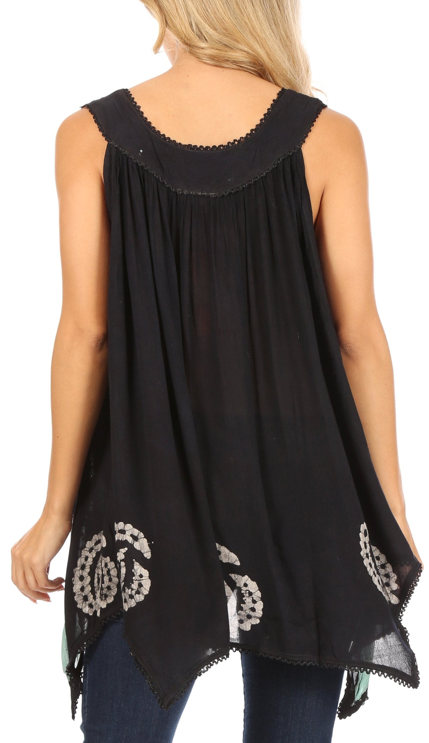 Sakkas Gaia V-neck Sleeveless Tank Top with Embroidery and Handkerchief Hem - Concordia Style Boutique