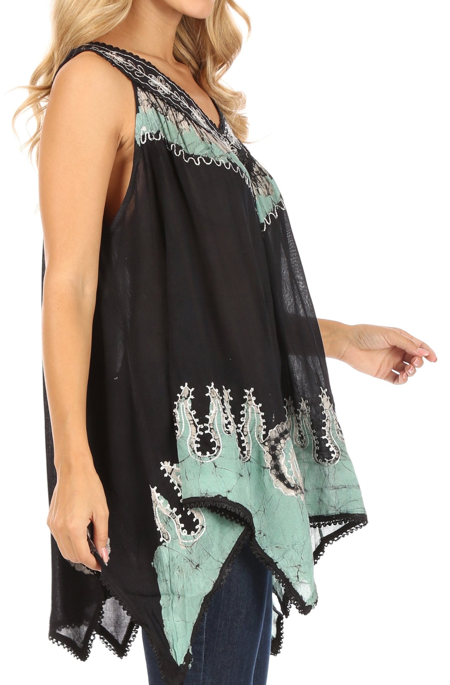 Sakkas Gaia V-neck Sleeveless Tank Top with Embroidery and Handkerchief Hem - Concordia Style Boutique