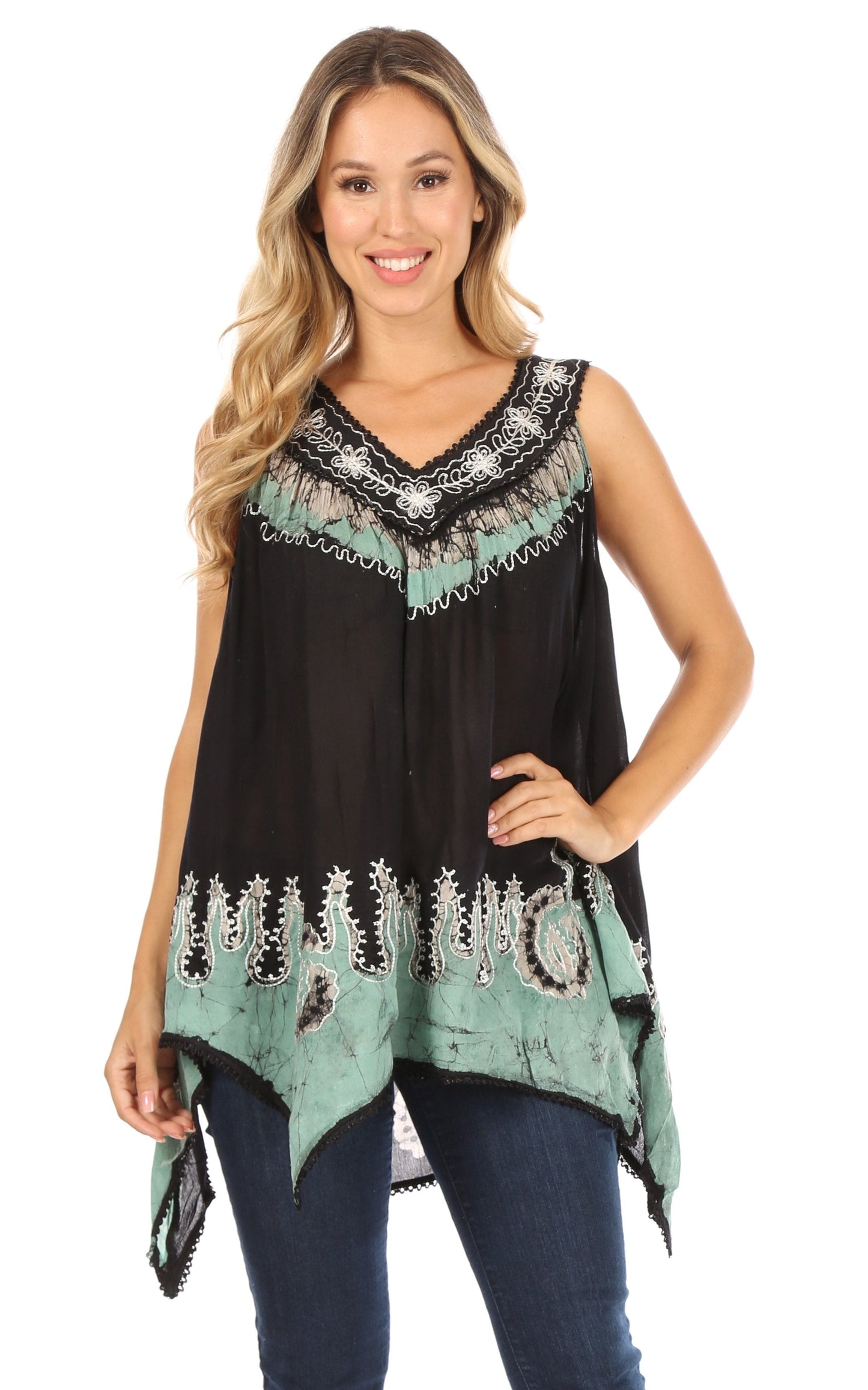 Sakkas Gaia V-neck Sleeveless Tank Top with Embroidery and Handkerchief Hem - Concordia Style Boutique