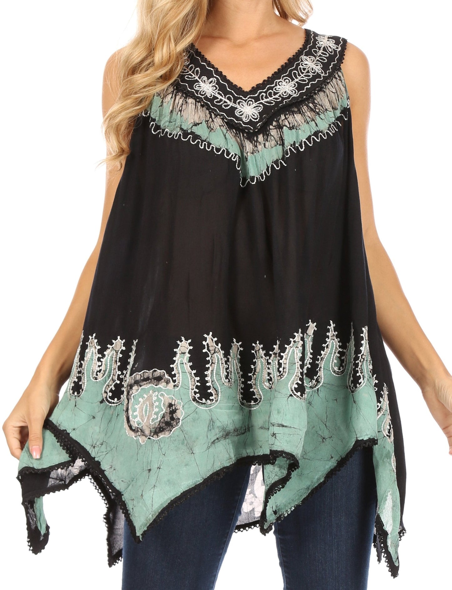 Sakkas Gaia V-neck Sleeveless Tank Top with Embroidery and Handkerchief Hem - Concordia Style Boutique