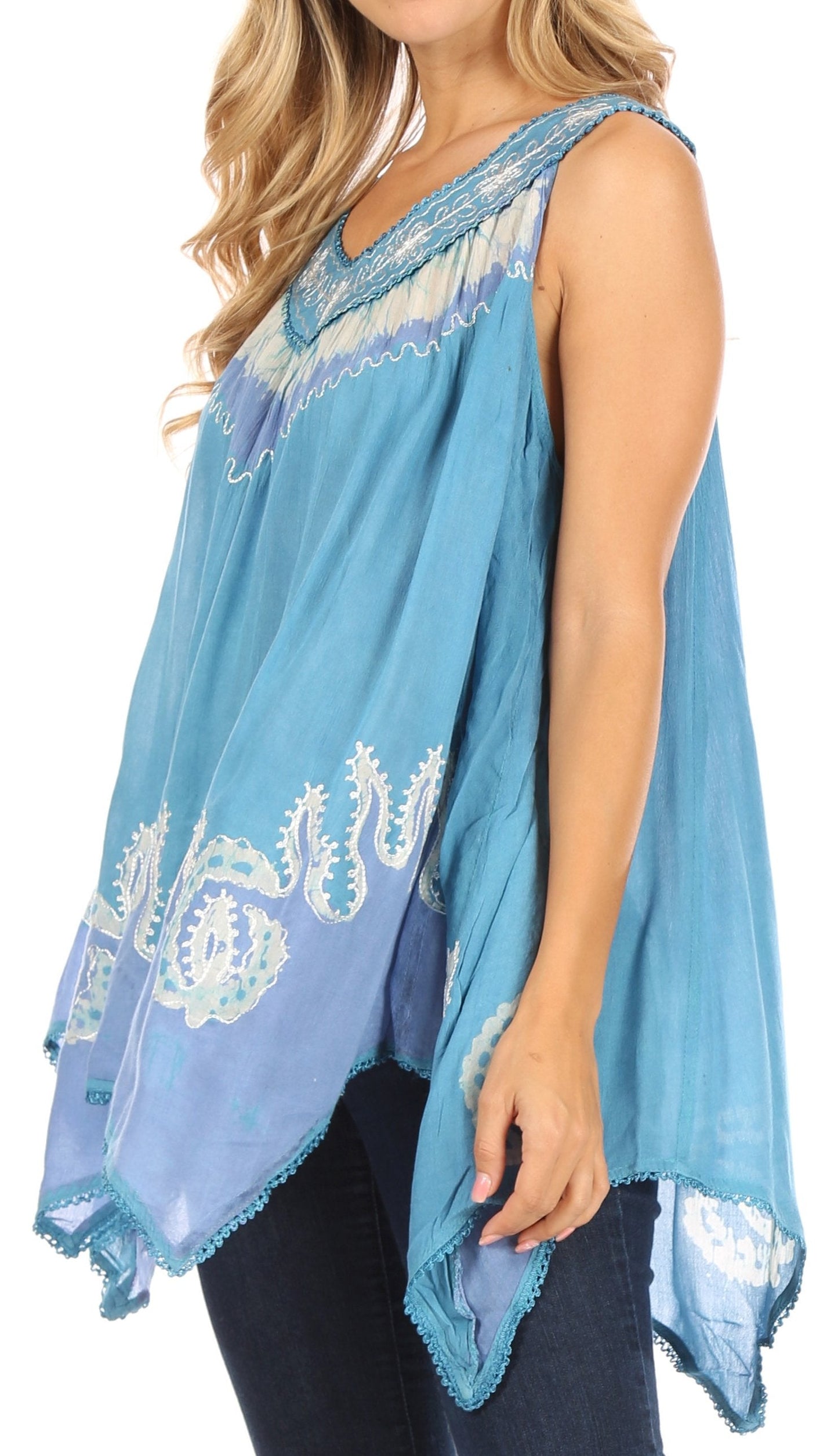 Sakkas Gaia V-neck Sleeveless Tank Top with Embroidery and Handkerchief Hem - Concordia Style Boutique
