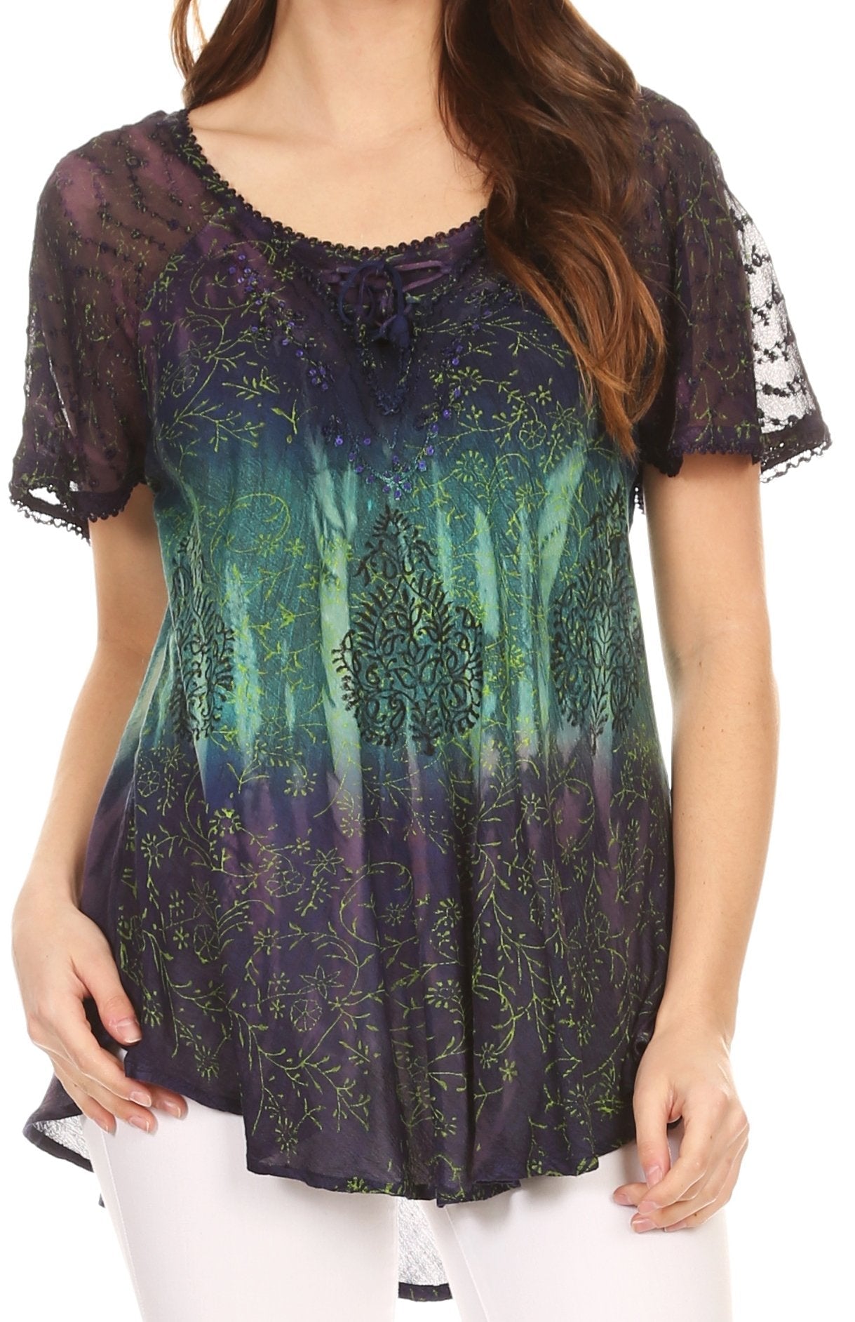 Sakkas Nayen Tie-Dye Sheer Cap Sleeve Embellished Relaxed Fit Drawstring Tunic Top - Concordia Style Boutique