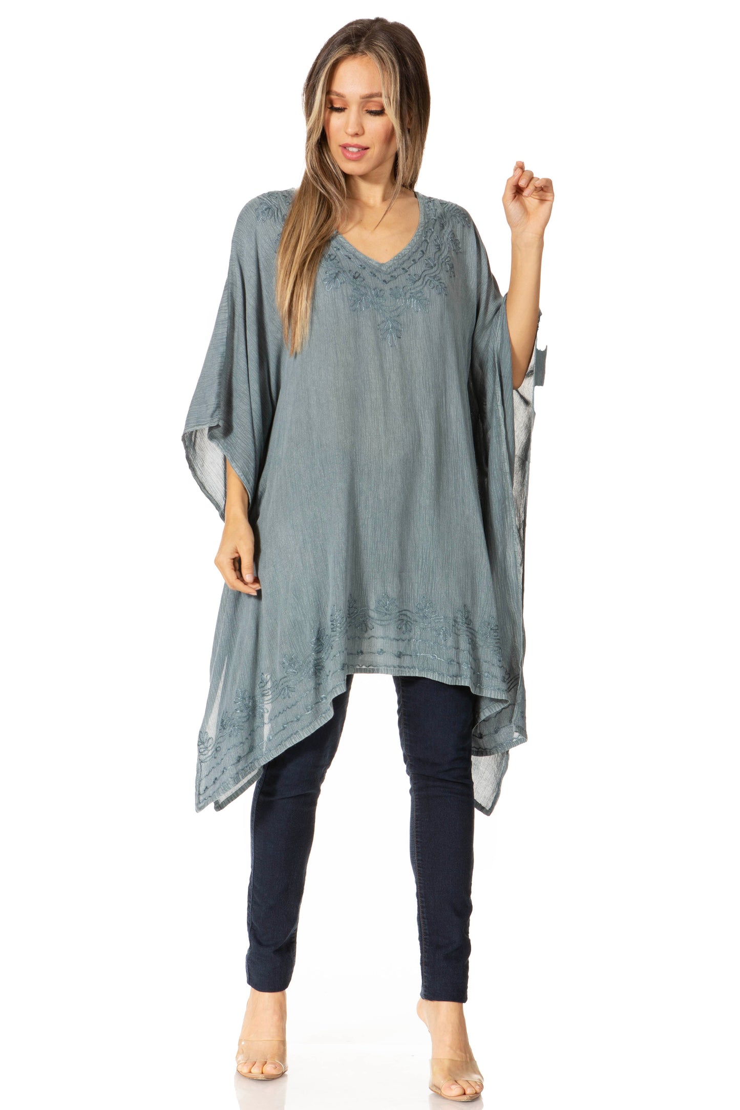 Sakkas Regina Women's Lightweight Stonewashed Poncho Top Blouse Caftan Cover up - Concordia Style Boutique