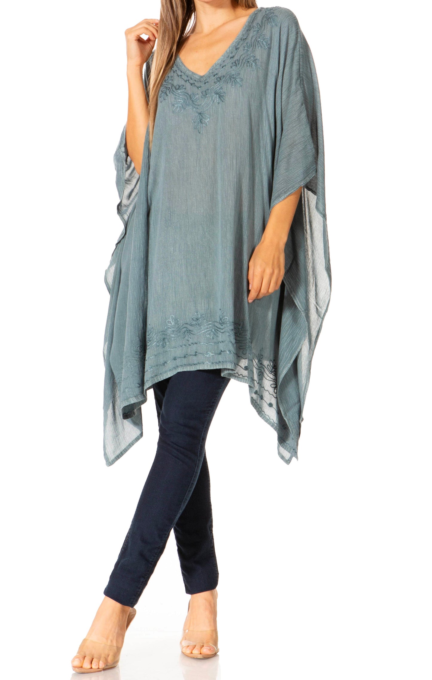 Sakkas Regina Women's Lightweight Stonewashed Poncho Top Blouse Caftan Cover up - Concordia Style Boutique